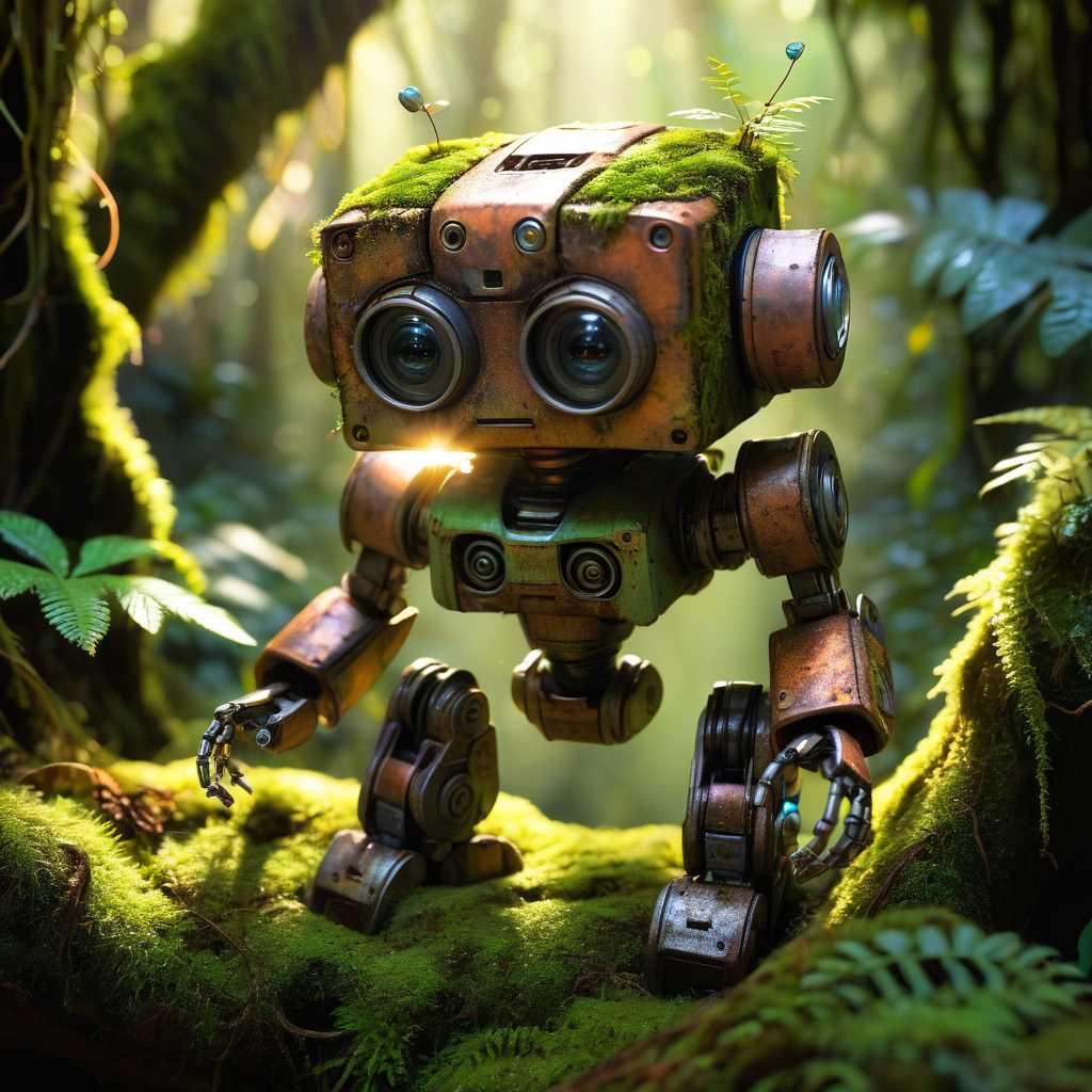 Sunlight filters through a dense rainforest canopy, illuminating a tiny robot. Rusty and weathered, its eyes still glow with a soft light. Its little form sits nestled amidst vibrant moss and overgrown roots