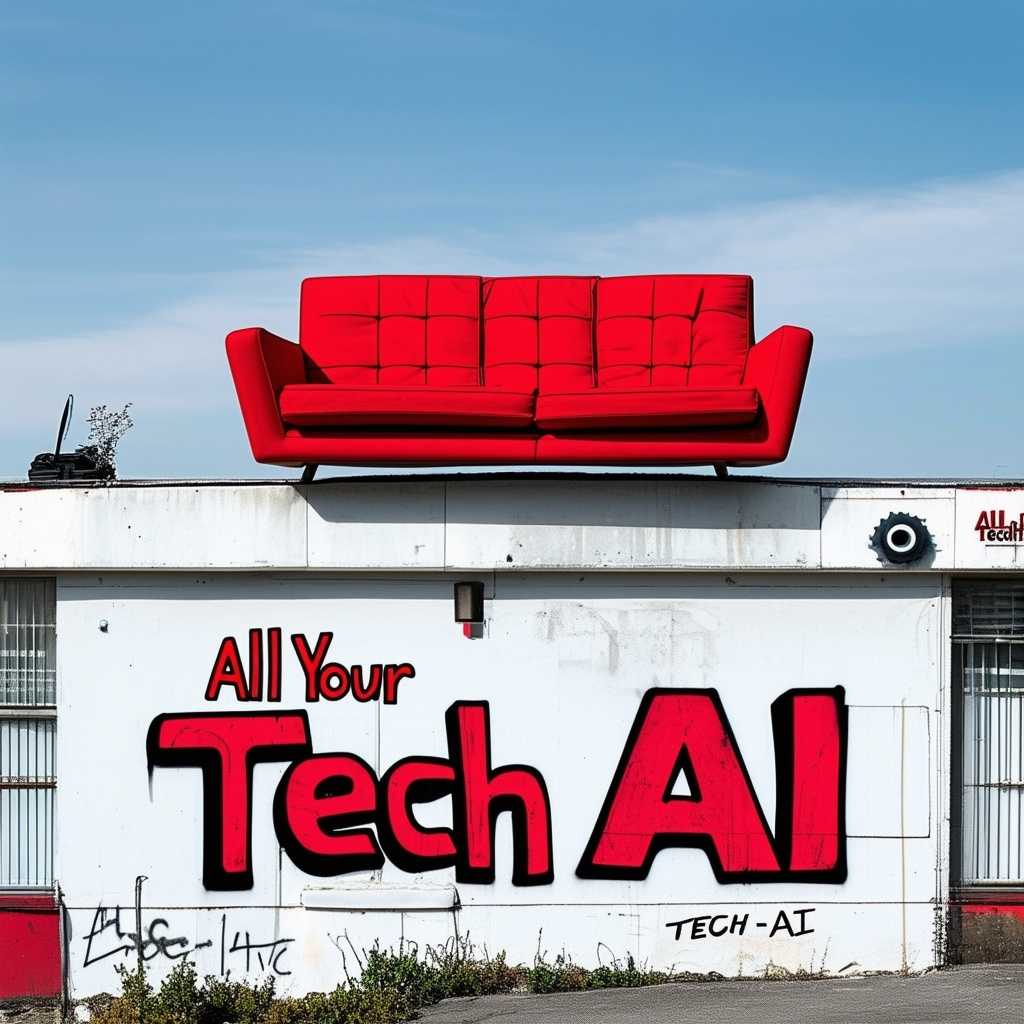 a red sofa on top of a white building. Graffiti with the text "All Your Tech AI"