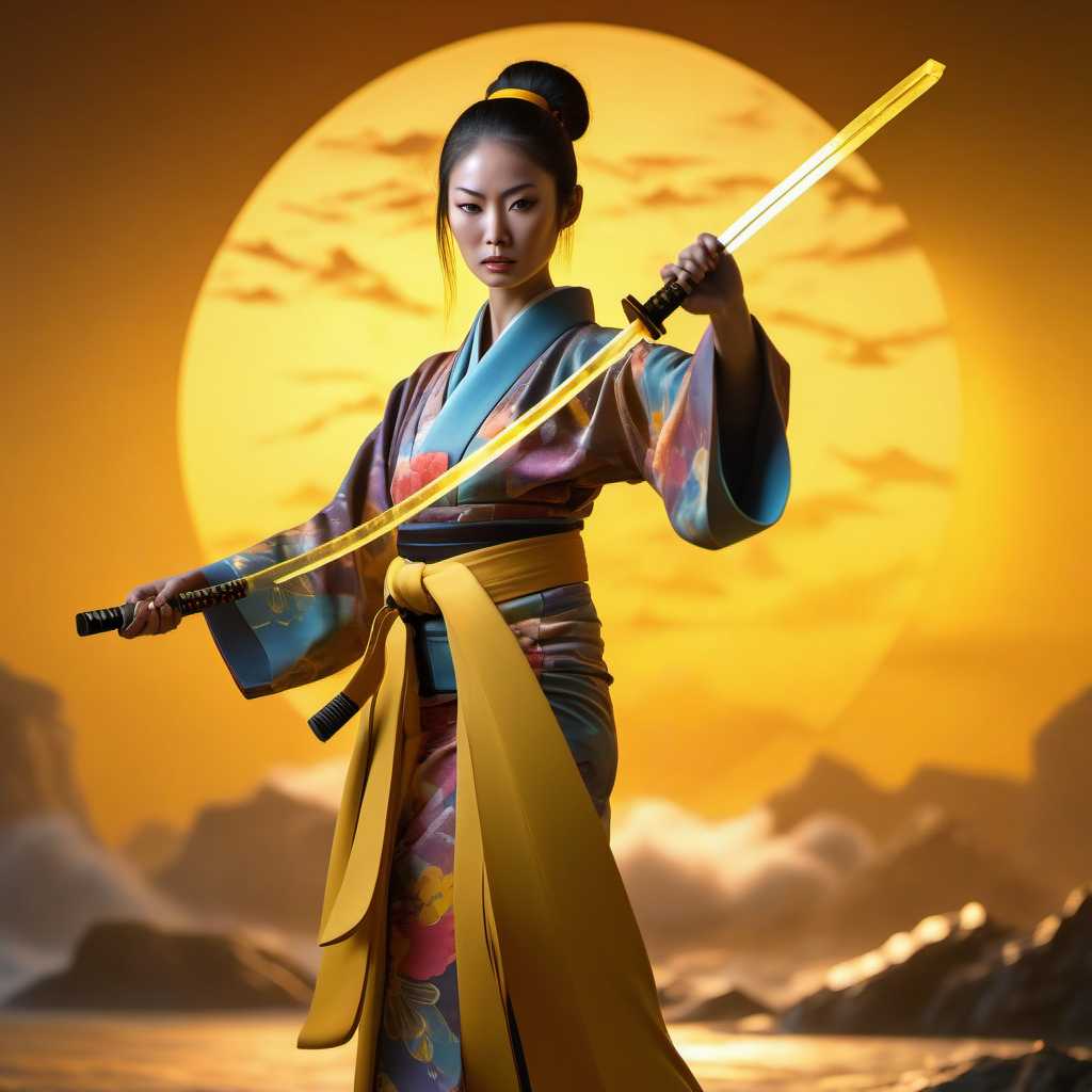 , dramatic lighting, dynamic pose, woman in futuristic kimono holding a yellow glowing katana,samurai,sunset,cinematic cinematic photo with dramatic lighting, (3d, Seascape) House, colorful volumetric mad-marbled-paper fog, Vaporizer, Enhanced 3D Metrics, Depth pad 7, Event Horizion, Hendra Data, woman, mad-hrmtcwzrd, intricatly ornated, magic runes, <lora:add-detail-xl:1>  <lora:SDXLFaeTastic2400:1>