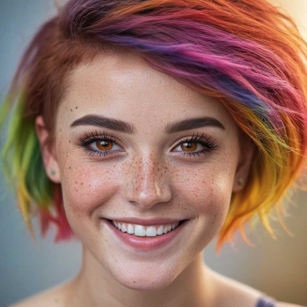 Vibrant Rainbow Hair and Freckled Beauty