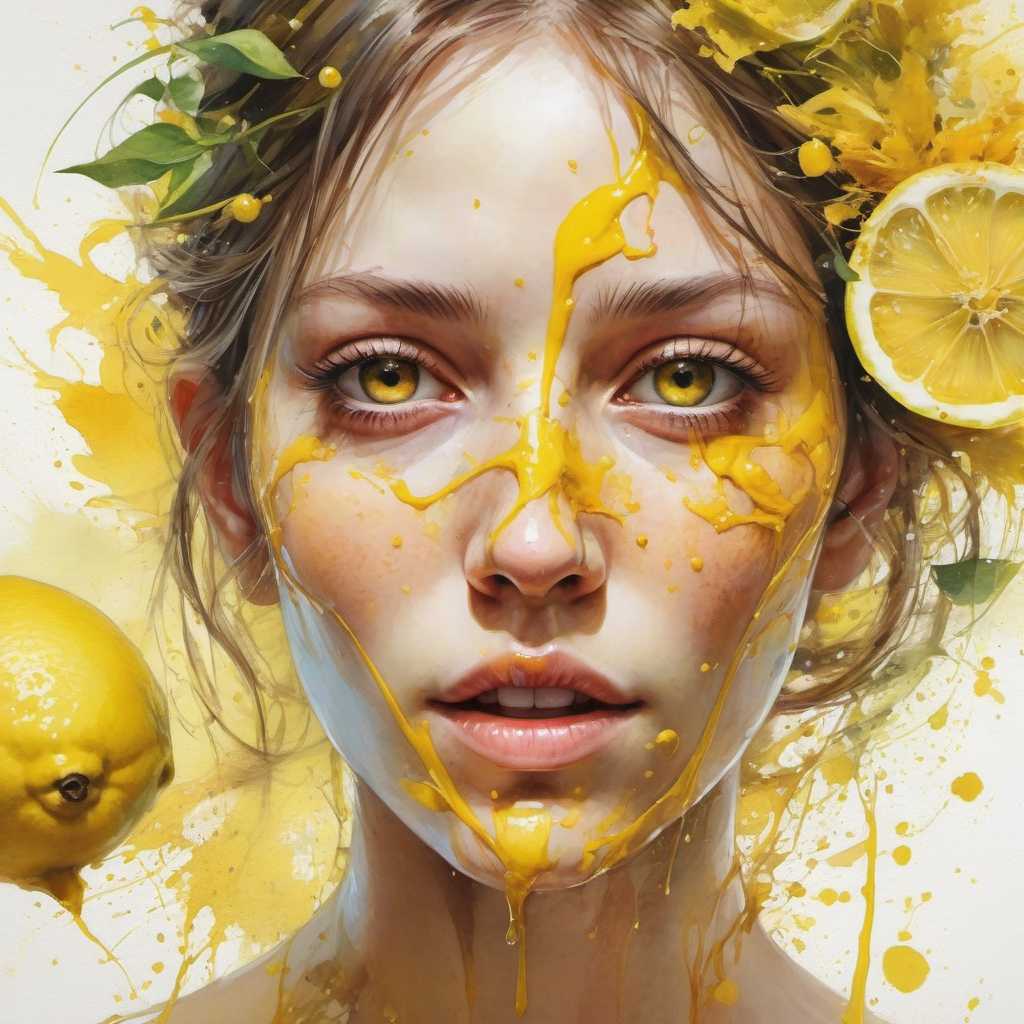 Art by florist Mandy Disher, digital illustration, portrait of a beautiful lady, perfect anatomy, centered, yellow lemon theme, multiple shades of yellow, burst of lemon zest and juice, close to perfection, dynamic, very detailed, watercolor, ArtStation, concept art, blur, sharp focus, illustration, Carne Griffiths, Wadim Kashin.