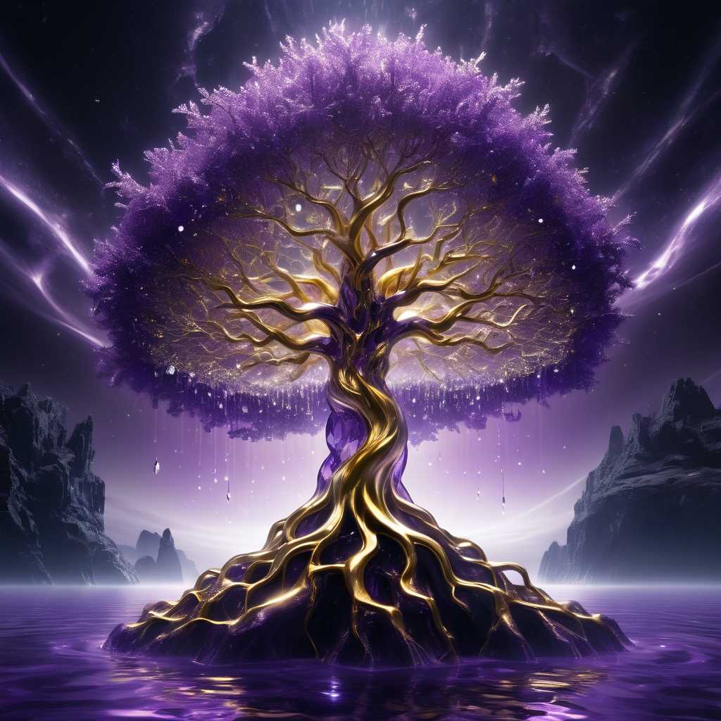 The divine tree of knowledge, an interplay between purple and gold, floats in the void of the sea of quanta, the tree is made of crystal, the void is made of nothingness, strong contrast, dim lighting, beautiful and surreal scene. wide shot