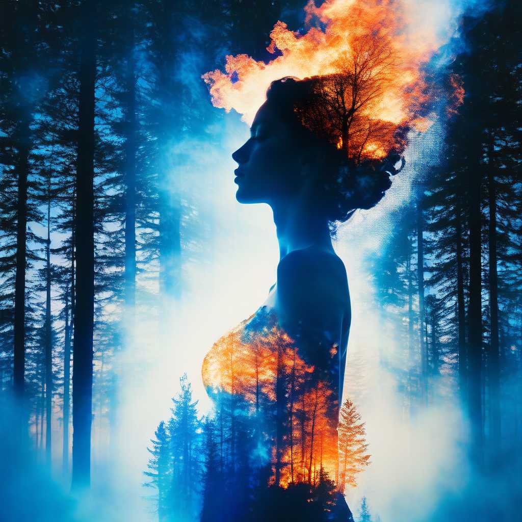 forest fire dreamscape in your mind, Double exposure effect of white lady body portrait silhouette, superimposed against burning forest night sky by Conrad Roset, Brandon Kidwell, Andreas Lie, Dan Mountford, Agnes Cecile, Jeremy Mann, oil and ink canvas, fine art, super dramatic light, photoillustration, amazing depth,  burning particles, hyperdetailed, iridescent blue fire, intricate detailed, amazing depth, hypervibrant, stunning atmosphere, mesmerizing whimsical vibrant scenery, hypermaximalism (Beautiful Outside, Ugly Inside, Stress and Pain, Beauty and Despair, Hard and Soft, Positive and Negative, Hot and Cold, Sweet and Sour, Vibrant and Dull, Perfect Harmony, Light and Dark, Hot and Cold, Old and Young, Fire and Ice, Yin and Yang, Opposites, Black and white, Smoke and Steam,Hot and Cold, Organic and Mechanical, Corresponding colors, Loud and Quiet, Chaos and Peace,  Night and Day:1.2) complex masterwork by head of prompt engineering