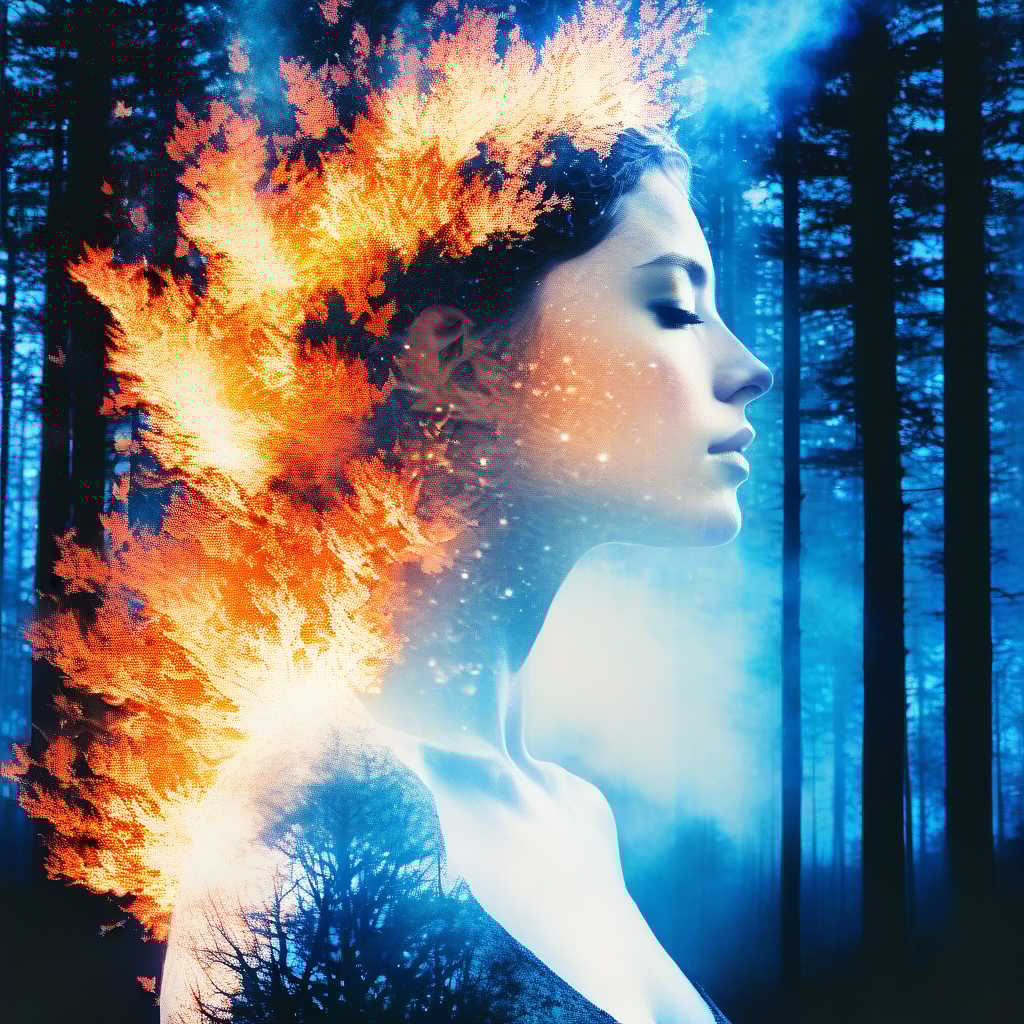 forest fire dreamscape in your mind, Double exposure effect of white lady body portrait silhouette, superimposed against burning forest night sky by Conrad Roset, Brandon Kidwell, Andreas Lie, Dan Mountford, Agnes Cecile, Jeremy Mann, oil and ink canvas, fine art, super dramatic light, photoillustration, amazing depth,  burning particles, hyperdetailed, iridescent blue fire, intricate detailed, amazing depth, hypervibrant, stunning atmosphere, mesmerizing whimsical vibrant scenery, hypermaximalism (Beautiful Outside, Ugly Inside, Stress and Pain, Beauty and Despair, Hard and Soft, Positive and Negative, Hot and Cold, Sweet and Sour, Vibrant and Dull, Perfect Harmony, Light and Dark, Hot and Cold, Old and Young, Fire and Ice, Yin and Yang, Opposites, Black and white, Smoke and Steam,Hot and Cold, Organic and Mechanical, Corresponding colors, Loud and Quiet, Chaos and Peace,  Night and Day:1.2) complex masterwork by head of prompt engineering