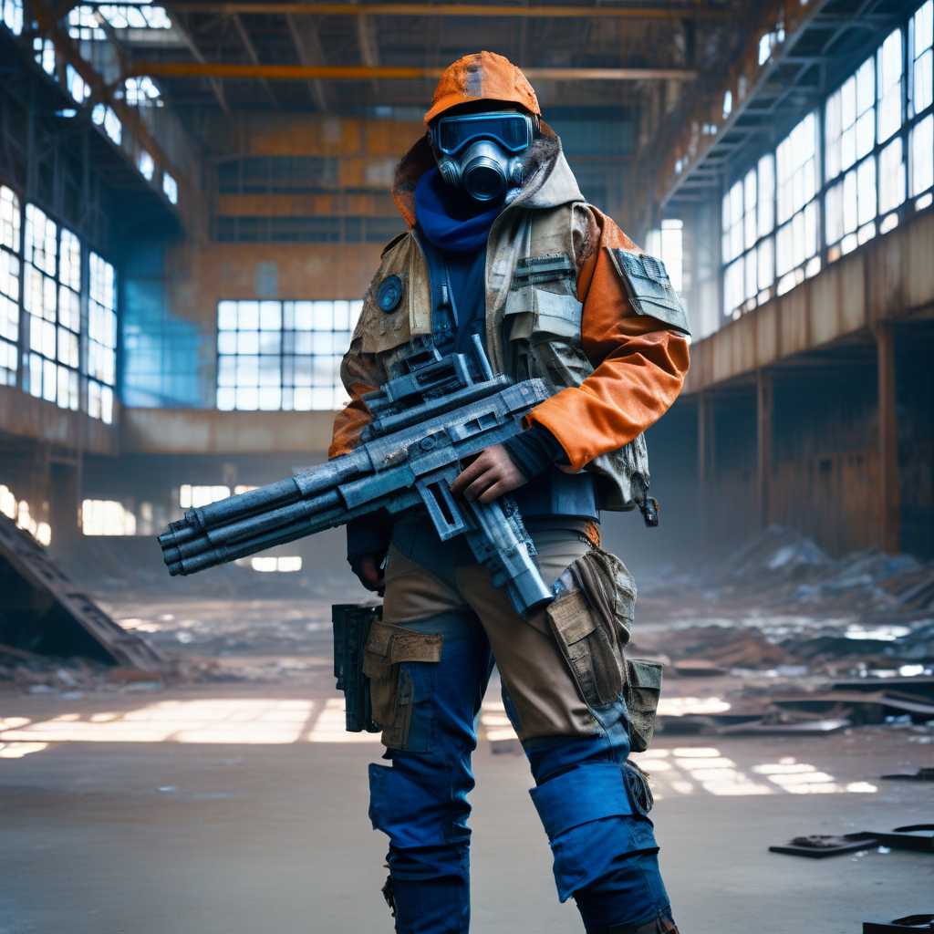 a rusty postapocalyptic military cyborg wearing a shabby tattered old futuristic flight jacket armed machine gun in an abandoned factory,Wearing a cloak and gas mask, with blue and orange movie tones, movement, dynamic posture, scars, scrap metal, radio