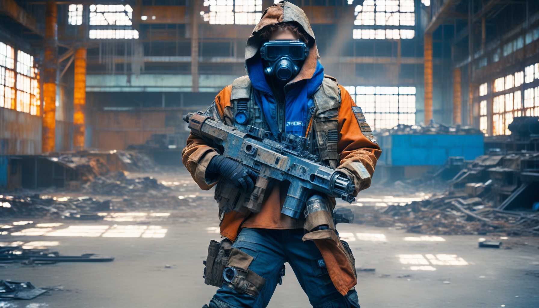 a rusty postapocalyptic military cyborg wearing a shabby tattered old futuristic flight jacket armed machine gun in an abandoned factory,Wearing a cloak and gas mask, with blue and orange movie tones, movement, dynamic posture, scars, scrap metal, radio