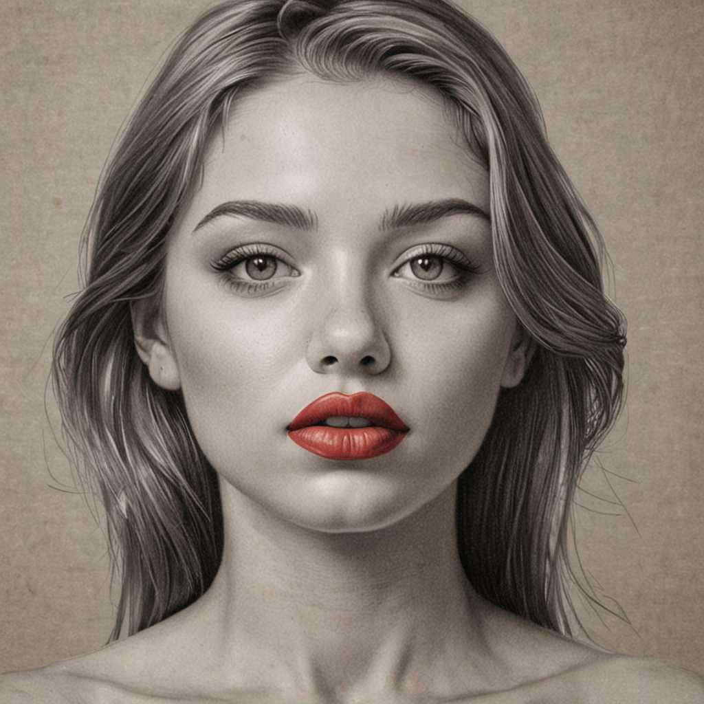  pencil sketch drawing of a lovely girl on grey paper, red lips, portrait