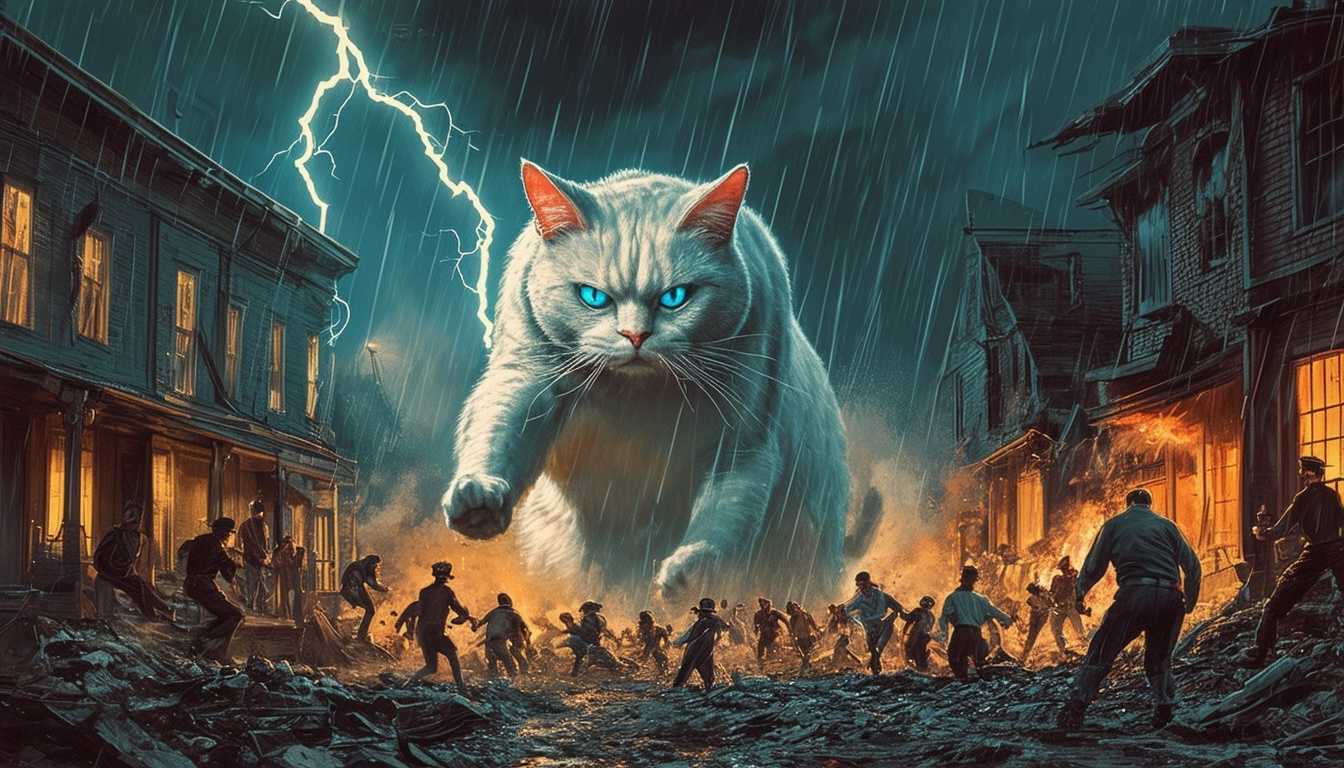 Create a 1960s Hollywood monster movie poster. The scene is a dark, stormy night with lightning illuminating an eerie, deserted town. In the foreground, a giant, menacing figure of very fat very white cat with blue eyes towers over terrified townspeople fleeing in panic. The engineer is emerging from a fissure in the ground, with smoke and debris around. Retro-style bold lettering announces the movie title: 'Terror from the Depths!' with taglines like 'The Earth Cracks Open and Horror Rises!' The overall style should evoke the vintage, dramatic feel of 1950s horror cinema.