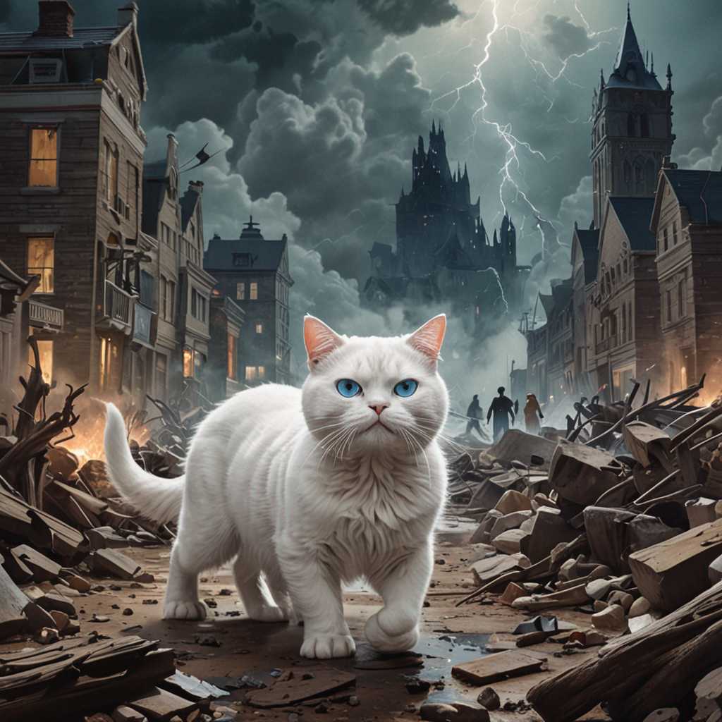 1960s Hollywood monster movie poster. The scene is a dark, stormy night with lightning illuminating an eerie, deserted town. In the foreground, a giant, menacing figure of very fat very white cat with blue eyes towers over terrified townspeople fleeing in panic. The engineer is emerging from a fissure in the ground, with smoke and debris around. Retro-style bold lettering announces the movie title: 'Terror from the Depths!' with taglines like 'Horror Rises!' The overall style should evoke the vintage, dramatic feel of 1950s horror cinema.