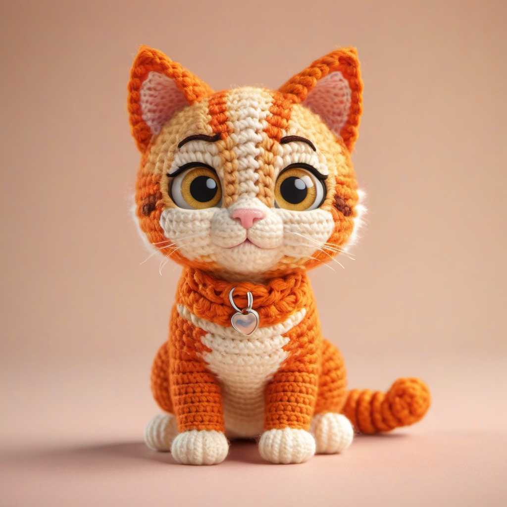 A charming, high-resolution 4K image showcases a lovable orange tabby kitten created in a Pixar-inspired, cartoonish style.  The kitten's in crochet amigurumi full body and lifelike features appear in 3D, with a detailed texture that resembles real fur, making it soft and plush. The background is a warm and inviting color palette, enhancing the overall charm and appeal of this adorable, cinematic, and vibrant poster., poster, vibrant, cinematic, 3d render, photo