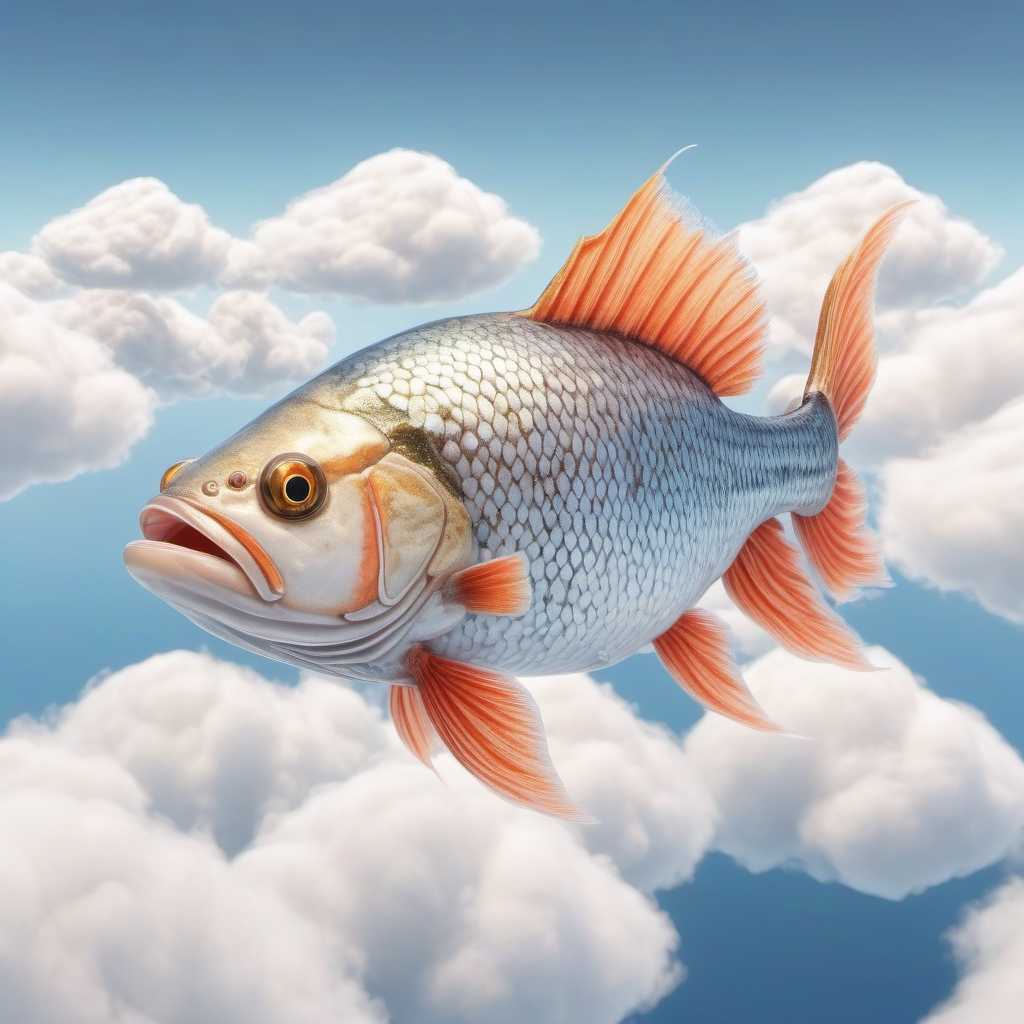 ultra realistic fish floating above the clouds