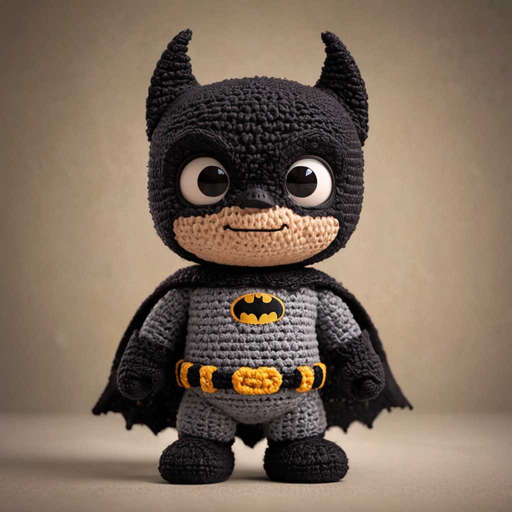 A lovely, vibrant, and cinematic 4K image of a cute little batman made from a Pixar-inspired, cartoonish crochet amigurumi style. The bat  man has a full body, and its features are rendered in 3D, giving it a lifelike appearance. The overall design is soft and plush, with a detailed texture that resembles real fur. The background is a warm and inviting color palette, adding to the overall charm and appeal of this adorable, high-resolution poster., poster, cinematic, vibrant, photo, 3d render