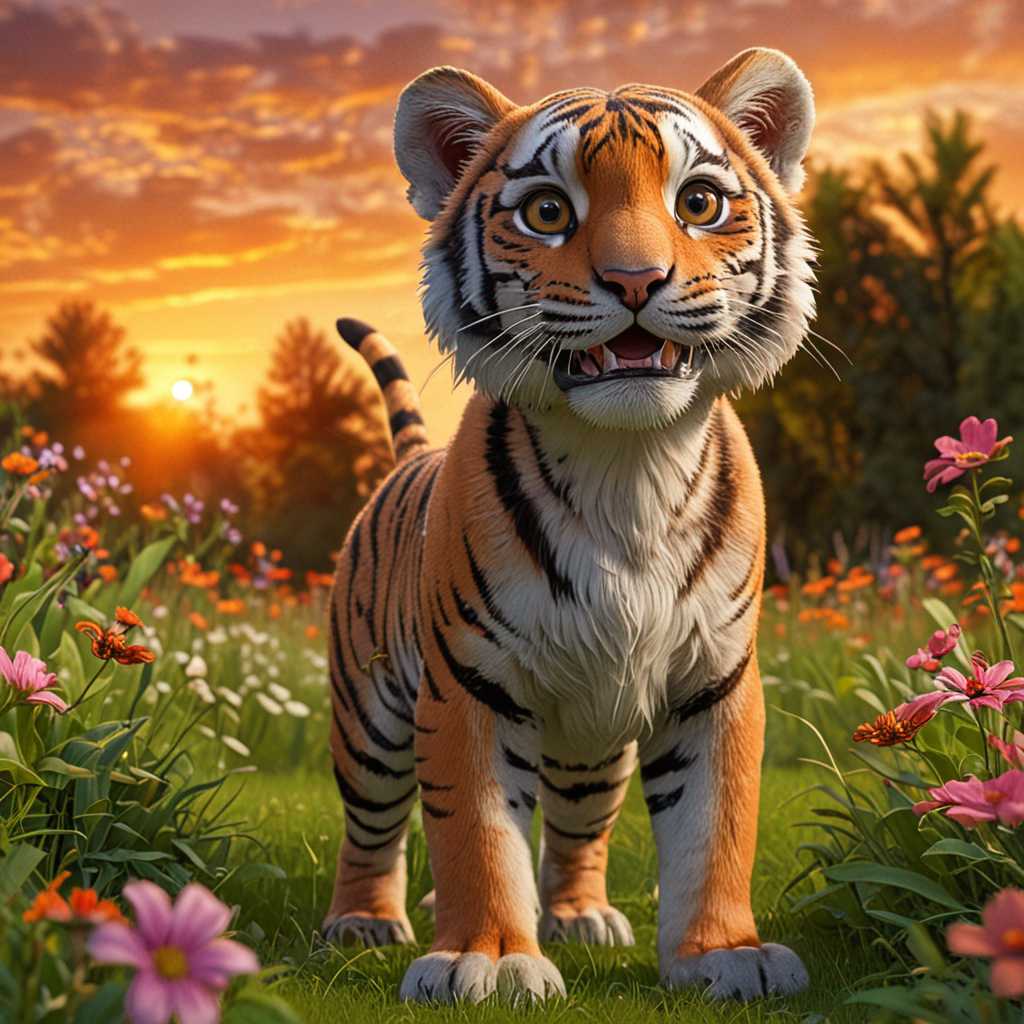 A captivating 3D render of a cute Bengal tiger in a Pixar animation style. The tiger is portrayed with bright, expressive eyes and a  playful grin. It sits on a lush green field, surrounded by colorful wildflowers and trees. The background features a vibrant sunset with a mix of warm and cool colors. The overall feel of the image is cinematic, with a high-quality 4K UHD resolution that brings the adorable tiger to life., vibrant, cinematic, 3d render, poster, photo