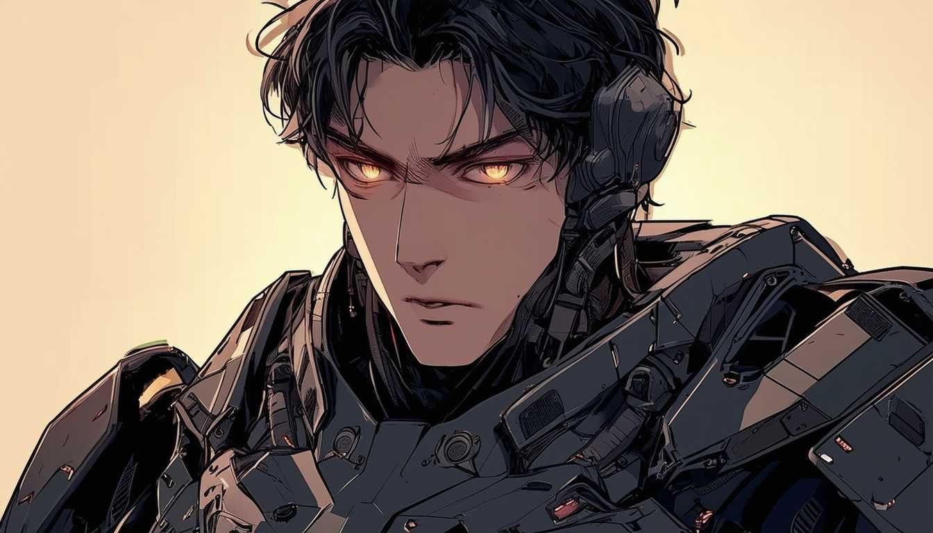 webtoon image style. Minjun is an early 20s male wearing futuristic military combat armor. The armor is black and made of high-strength materials, providing powerful protection. Minjun's face shows determination and strong will, with a sharp jawline and distinct facial features. His eyes shine intensely, symbolizing his indomitable spirit