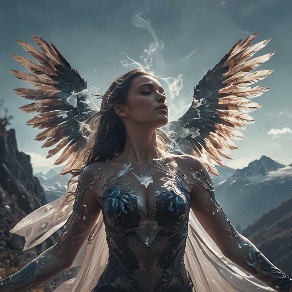 A captivating 8K double exposure masterpiece showcases a mystical, winged female figure with a fierce and enigmatic pre  sence. The ethereal woman, dressed in a striking outfit, gazes intently into the camera with her eyes closed, revealing a beautiful mountain within, symbolizing her deep connection to nature as an Earthangel. Her hands confidently rest on her hips, while vibrant oil splashes add depth and dimension to this spellbinding scene. The composition seamlessly blends conceptual, graffiti, and poster styles, offering a unique visual storytelling experience. The artist's imaginative fusion of illustration, photography, painting, fashion, poster, portrait, fashion, graffiti, portrait photography, cinematic, 3D render, photo, painting, and illustration creates an unforgettable, otherworldly atmosphere., fashion, photo, graffiti, painting, portrait photography, 3d render, illustration, poster, cinematic