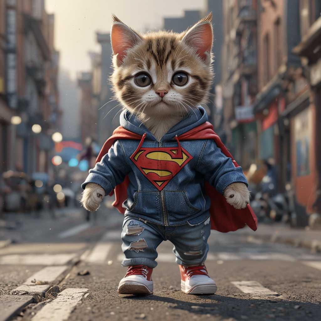 8k ,A stunning 3D rendering of an adorable, anthropomorphic kitten-model, standing upright on two legs and strutting down the r  unway like a seasoned professional. Wearing a superhero-inspired hoodie with the Superman logo, ripped jeans, and trendy sneakers, this feline fashionista captures the essence of urban chic. The background showcases a distant perspective of the runway, with a camera shooting from the front, capturing the kitten's every detail. The overall image exudes realism and intricate details, reflecting the masterful hand of Greg Rutkowski, a renowned artist on ArtStation. This hyper-detailed, close-up shot showcases the kitten's fur, whiskers, and movements, while the studio setting and sharp focus create a dynamic and captivating visual.