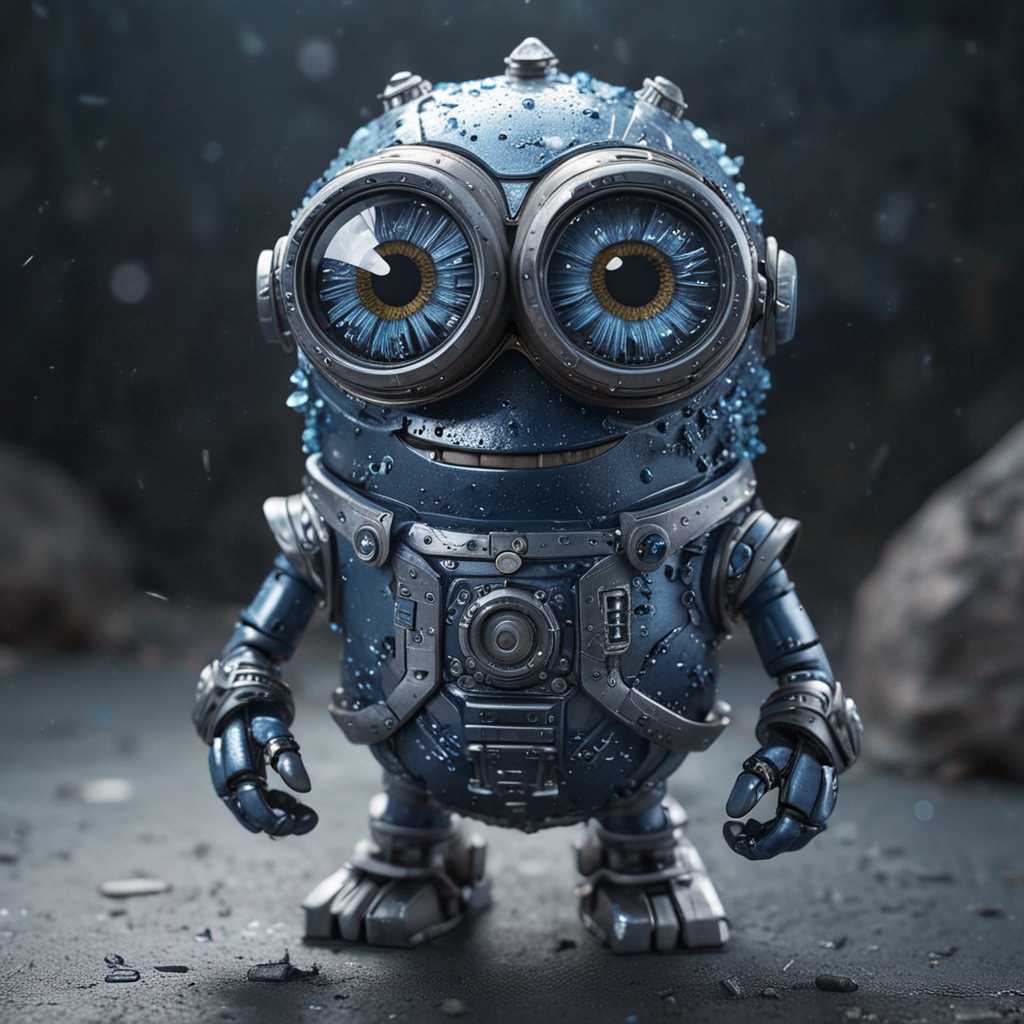 A metallic, crystalline minion with large, round goggles. It has a blue hue and appears to be made of intricately designed metal, resembli  ng a fusion of a robot and a gemstone. The minion is surrounded by shards of crystal, and the background is blurred with a deep blue tone, giving an impression of a mysterious, otherworldly environment., typography, 3d render