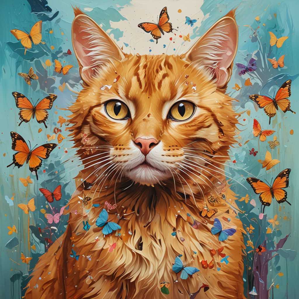 This abstract piece of art will feature a golden cat adorned with butterflies, combining the vibrant beauty of a cat with the gentle elega  nce of butterflies in a creative abstract style. The painting should emphasize fluid movement, vibrant colors and harmonious interaction between elements, creating a visually exciting and dynamic composition., cinematic, painting, conceptual art