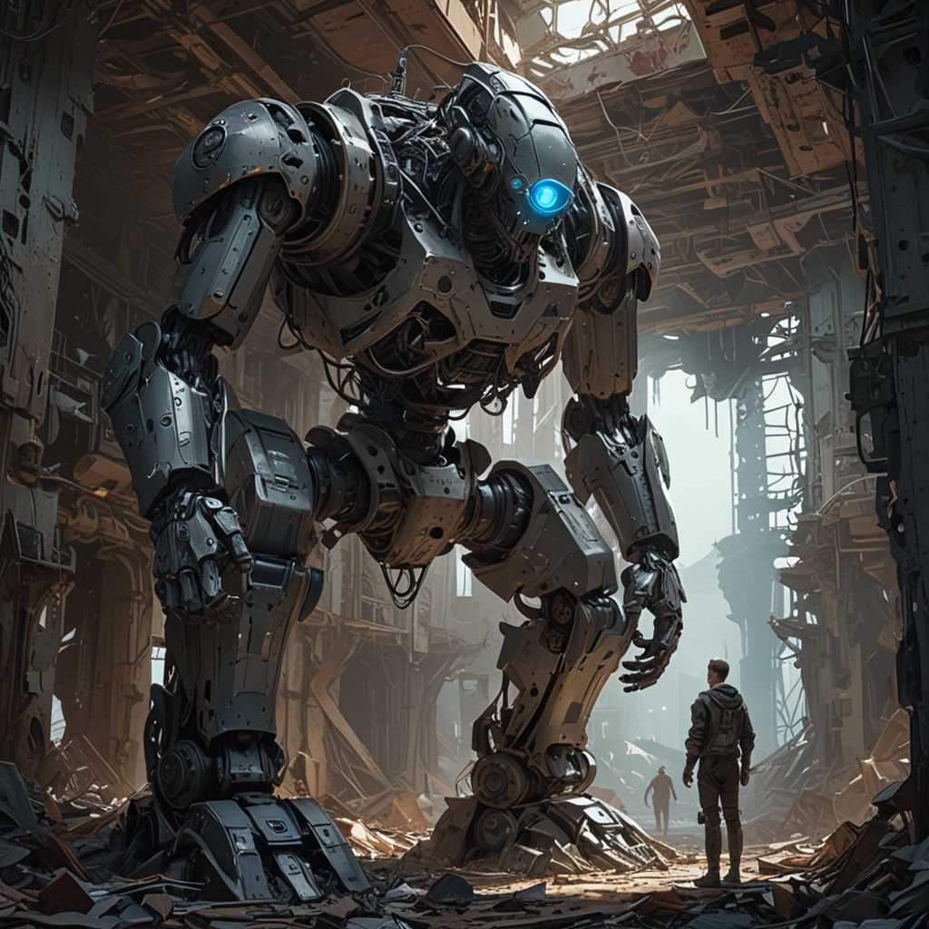 A hauntingly captivating dark fantasy illustration by Martin Ansin, depicted from a low angle and side view. The scene features a  massive robotic entity standing in a dilapidated and crumbling room, with a gaunt, gaunt-looking figure in the foreground. The colossal robot has a spherical upper body, adorned with a single, piercing blue eye at its center. Its legs are intricately designed, consisting of interconnected metal segments that show signs of age and wear. The rusted, corroded surface of the robot contrasts with the gloomy, decaying environment, which features broken walls, a debris-covered floor, and a beam of sunlight penetrating the darkness, casting dramatic shadows on the walls. This captivating piece of ukiyo-e, anime, and dark fantasy art is brought to life through vivid painting and illustration techniques., illustration, 3d render, cinematic, painting, ukiyo-e, architecture, dark fantasy