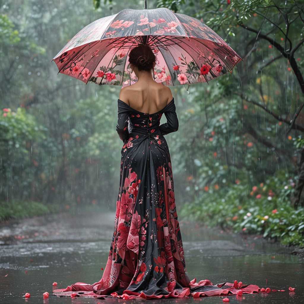 Minimalist art a woman standing amidst a downpour, holding an ornate umbrella adorned with vibrant floral patterns. Her dres  s, which flows outward, seems to merge with the rain, creating a mesmerizing effect. The colors are predominantly grays, blacks, and splashes of pink and red from the flowers on the umbrella. The ground reflects the scene, adding depth and a sense of tranquility to the scene.ᎩᗩᏆᔑ(◠‿◠), painting, dark fantasy, illustration