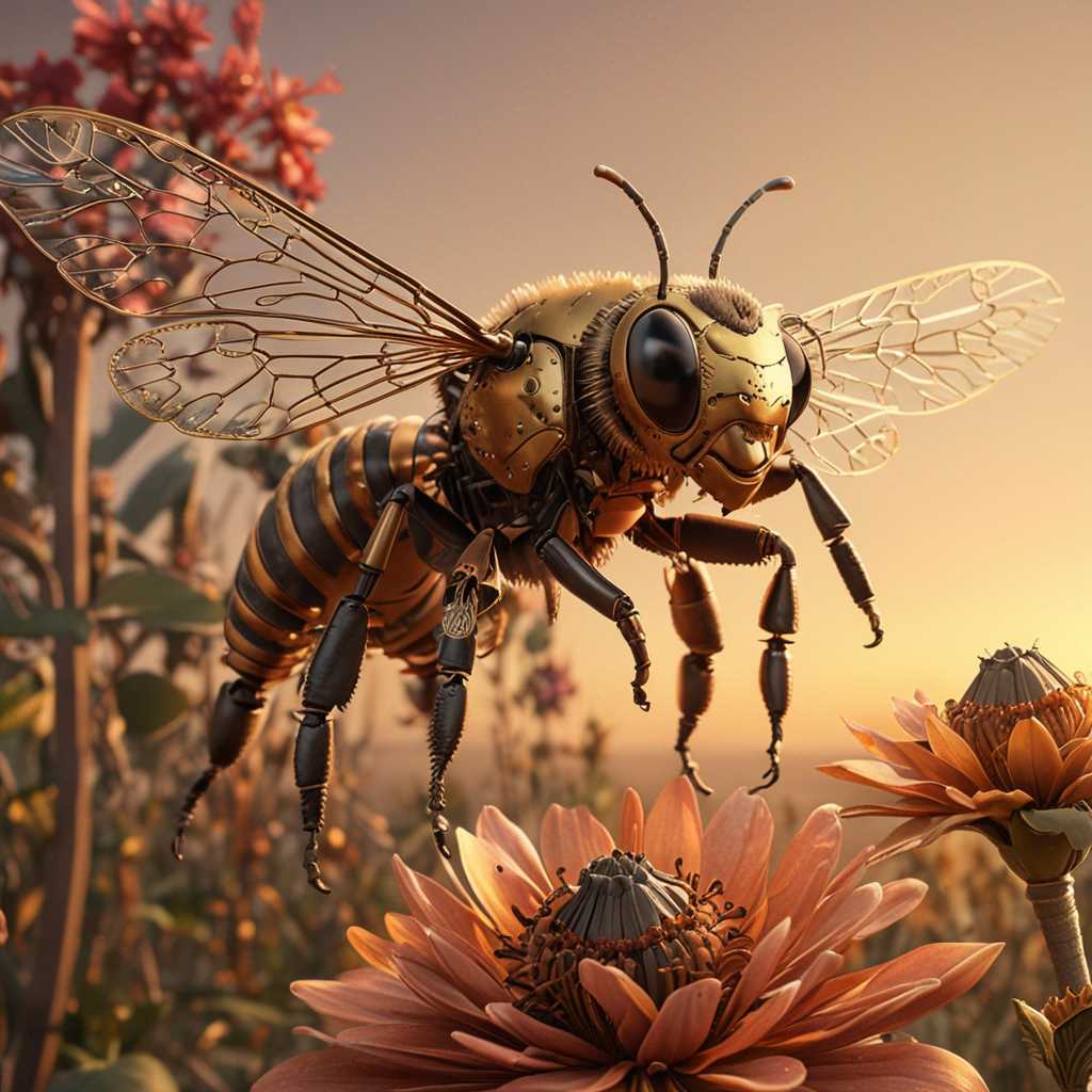 A captivating vintage-style image with a meticulously crafted 3D render of a steampunk honeybee, perched on a beautiful  ly detailed flower. The honeybee is adorned with intricate gears, brass elements, and a touch of gold, giving it a rich and lavish appearance. The background showcases a warm-toned sunset with muted colors, creating a serene and inviting atmosphere. The typography complements the overall steampunk aesthetic, seamlessly blending vintage charm with modern design., typography, photo