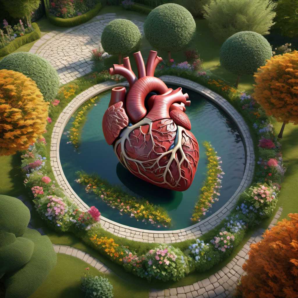 A stunning 3D render of an intricately detailed human heart, unfolded to reveal a breathtakingly beautiful garden within its ch  ambers. The garden is exquisite, with a winding path leading to a grand, ornate gate. Lush greenery surrounds the path, with vibrant flowers blooming around every corner. In the distance, there's a picturesque pond with swans gracefully gliding across its surface. The overall effect is both surreal and enchanting, with the heart serving as a unique backdrop, and no background is necessary to appreciate the intricate details and vivid colors., 3d render