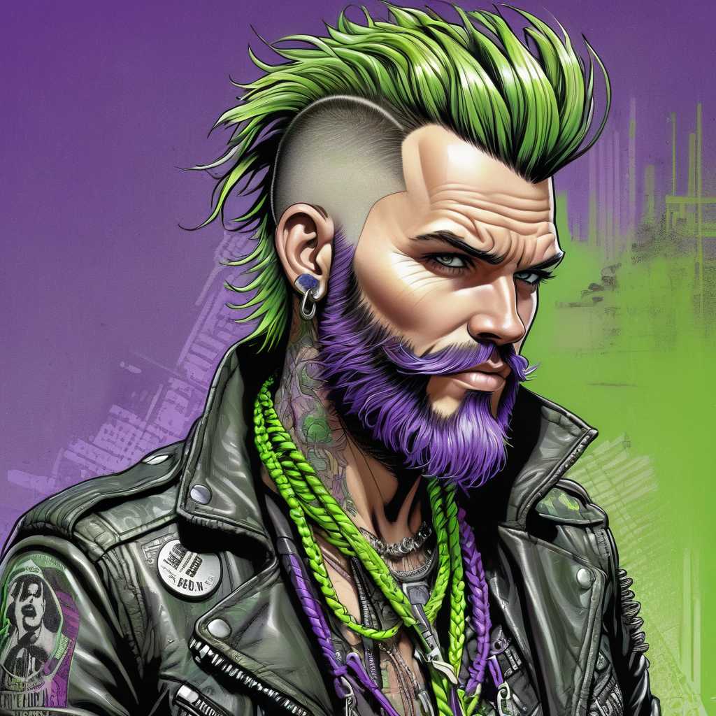 Comic Art by Mark Brooks	Bearded Punk Man in a Call Center	Intricate cross-hatching details the wear and tear on his leather jacket, individual strands of his beard are meticulously rendered, showcasing age and texture.	Muted greens and grays dominate the call center backdrop, while the punk man's vibrant purple mohawk and neon green shoelaces pop against the drab surroundings.	A Dutch angle shot looking up at the punk man, emphasizing his rebellious stance as he sits amidst a sea of uniform cubicles.	Multiple piercings adorn his face, each glinting realistically under the fluorescent office lights. A faded band tattoo peeks out from beneath his ripped sleeve, hinting at a life beyond the headset.	Every keyboard key, coffee stain on a desk, and tangled ethernet cable is painstakingly drawn, creating a sense of overwhelming claustrophobia within the sterile corporate setting.