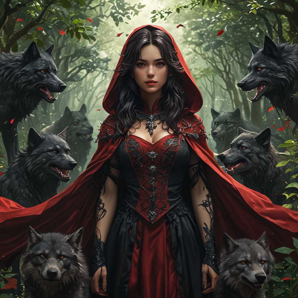 A captivating dark fantasy anime scene featuring a mysterious young woman with dark, cascading hair. She is adorned in a stun  ning black and red outfit, with intricate details and a flowing cape. Surrounding her are a group of wolves, each displaying distinct expressions and postures, creating an atmosphere of both power and camaraderie. The background is filled with lush green foliage, casting a mystical aura. Golden rays of light pierce through the leaves, contrasting with the overall moody ambiance. The architecture in the distance hints at a complex and detailed world. This conceptual art piece is a breathtaking blend of fashion, fantasy, and architectural elements., fashion, anime, conceptual art, dark fantasy, architecture,A young woman with dark, flowing hair surrounded by lush green leaves. She is surrounded by several wolves, each displaying unique expressions and postures. The background is dominated by a deep, moody ambiance, with hints of a golden light shining through the foliage., anime, dark fantasy, fashion, architecture, conceptual art, photo, painting, vibrant, product