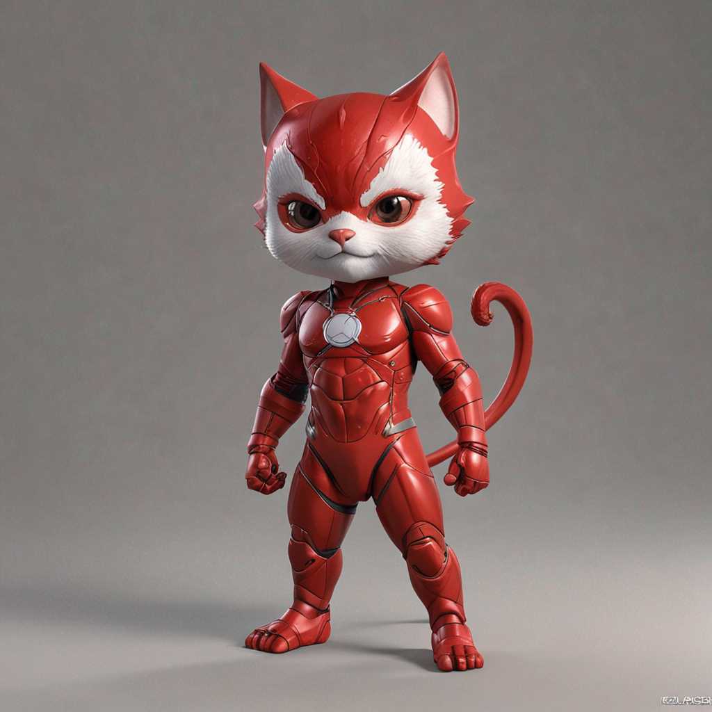 anak kucing berbadan besar, berbulu merah, menggunakan pakain super hero, illustration, 3d render