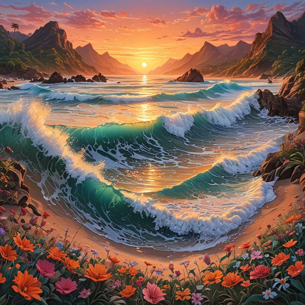An ultra-detailed painting captures the sunset on a tropical beach, complemented by the surreal beauty of LSD-inspired waves and mythical hills adorned with flowers