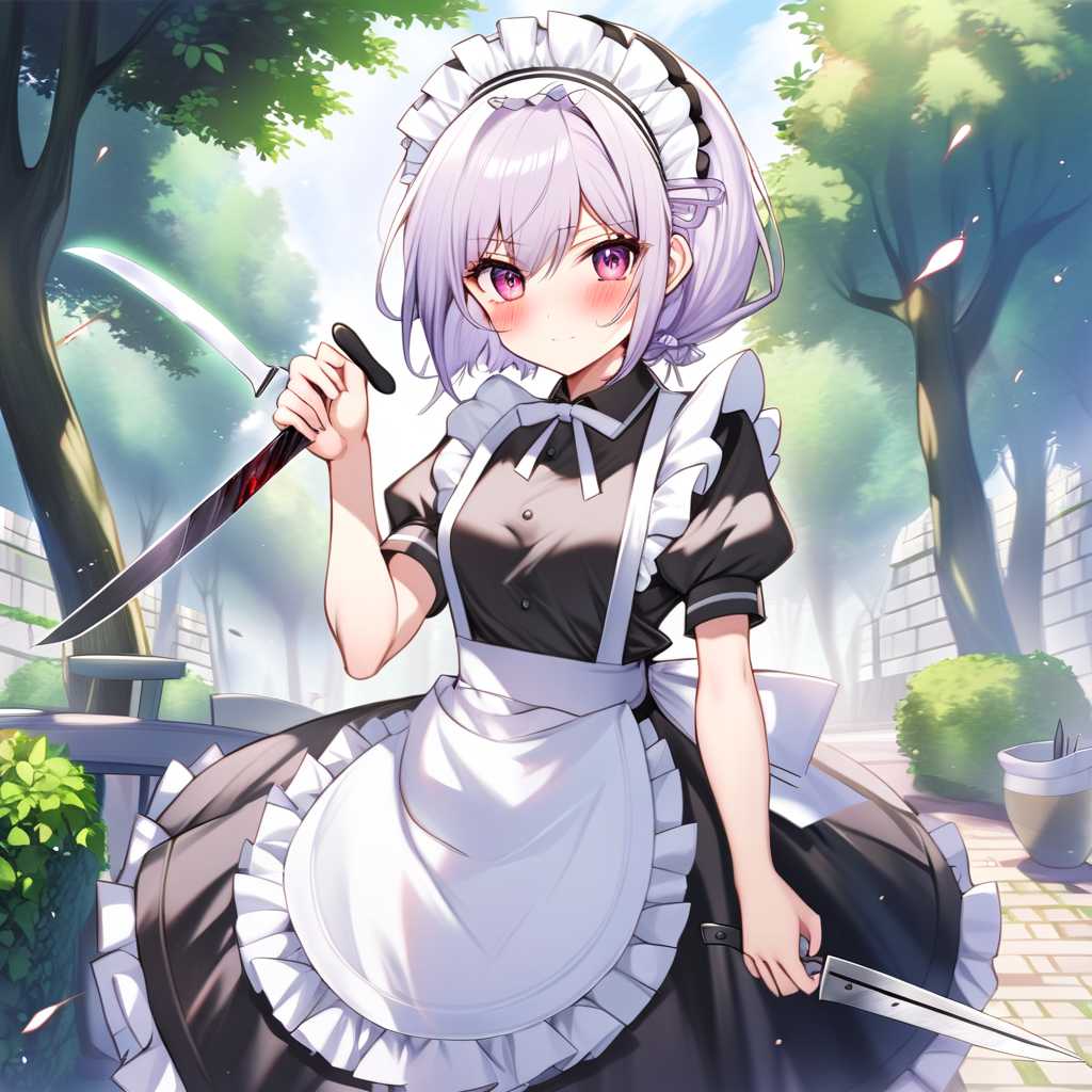 1girl, izayoi sakuya, touhou, solo, maid headdress, maid, apron, short sleeves, dress, closed mouth, white apron, looking at viewer, maid apron, puffy short sleeves, frills, puffy sleeves, black dress, frilled apron, hair between eyes, outdoors, blush, throwing knives, knives, serious face, upper body, masterpiece, best quality, very aesthetic, absurdres