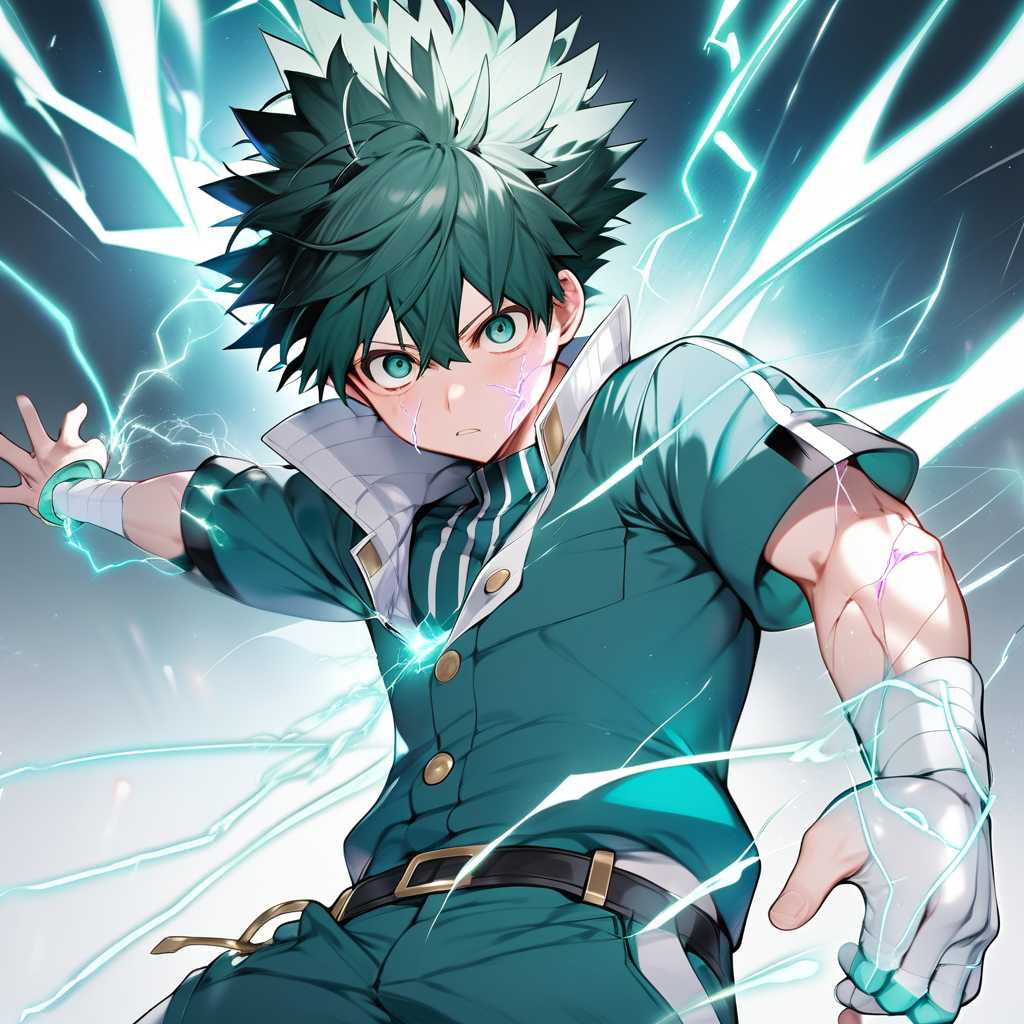 1boy, male focus, midoriya izuku, boku no hero academia, injury, electricity,, masterpiece, best quality, very aesthetic, absurdres