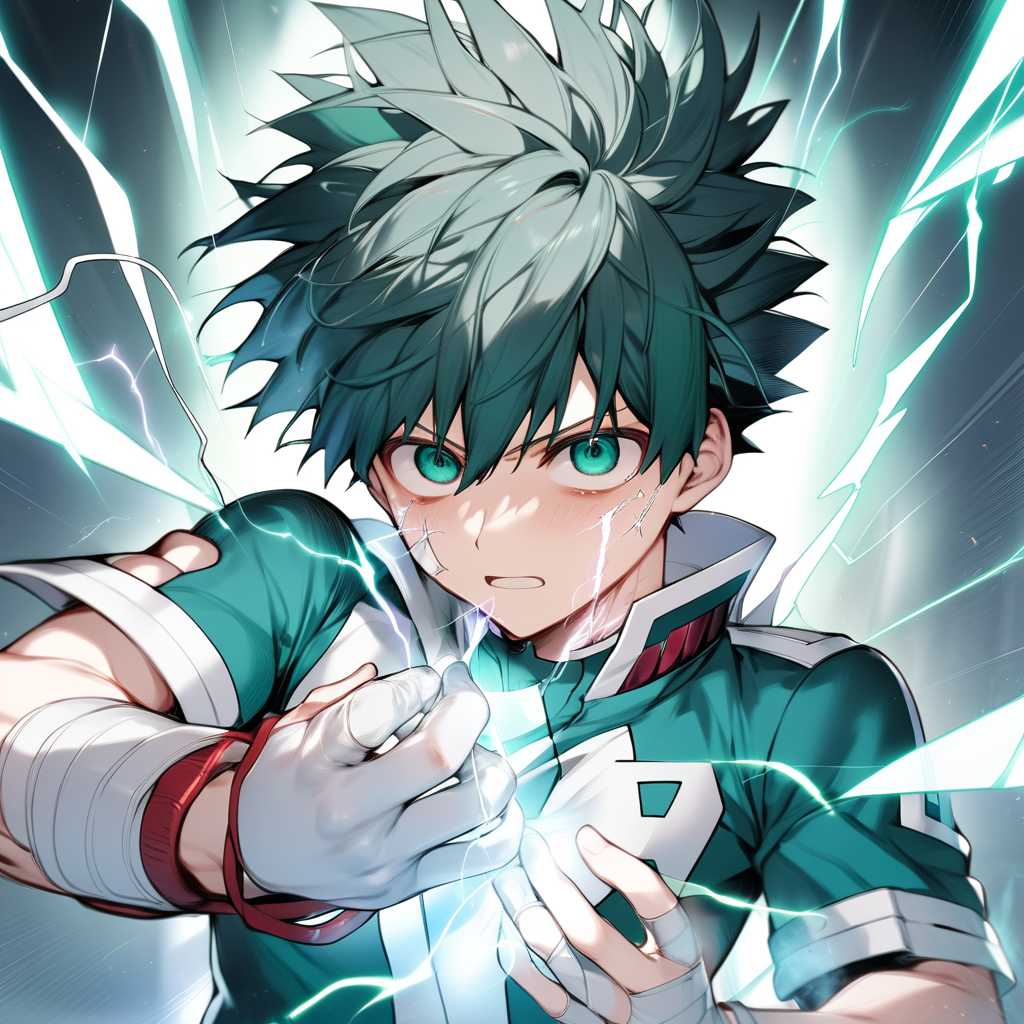 1boy, male focus, midoriya izuku, boku no hero academia, injury, electricity,, masterpiece, best quality, very aesthetic, absurdres