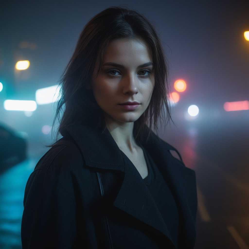 city street, neon, fog, volumetric, closeup portrait photo of young woman in dark clothes