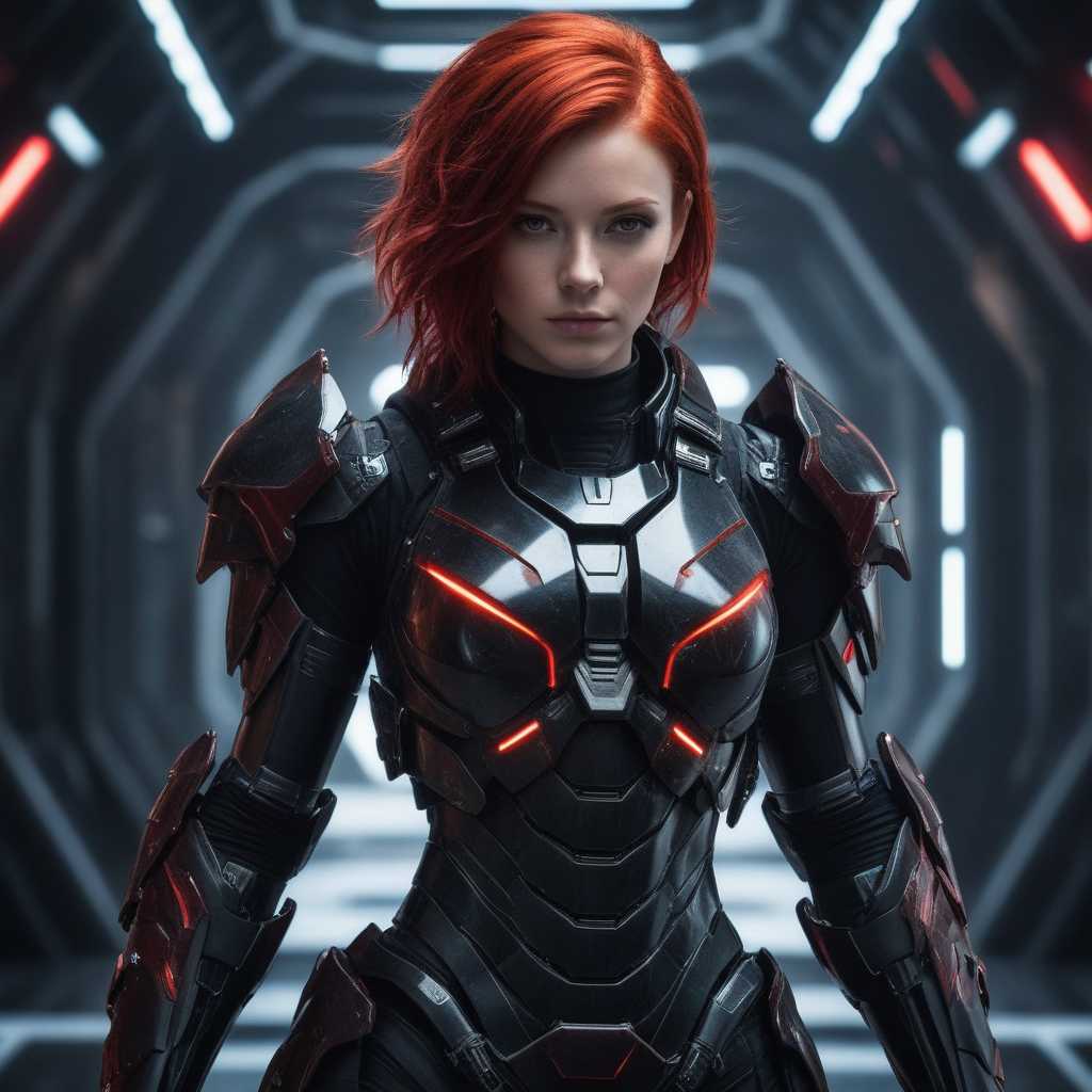 masterpiece, best quality, 1girl, sci-fi armor with black and red colors, glowing elements, redhair