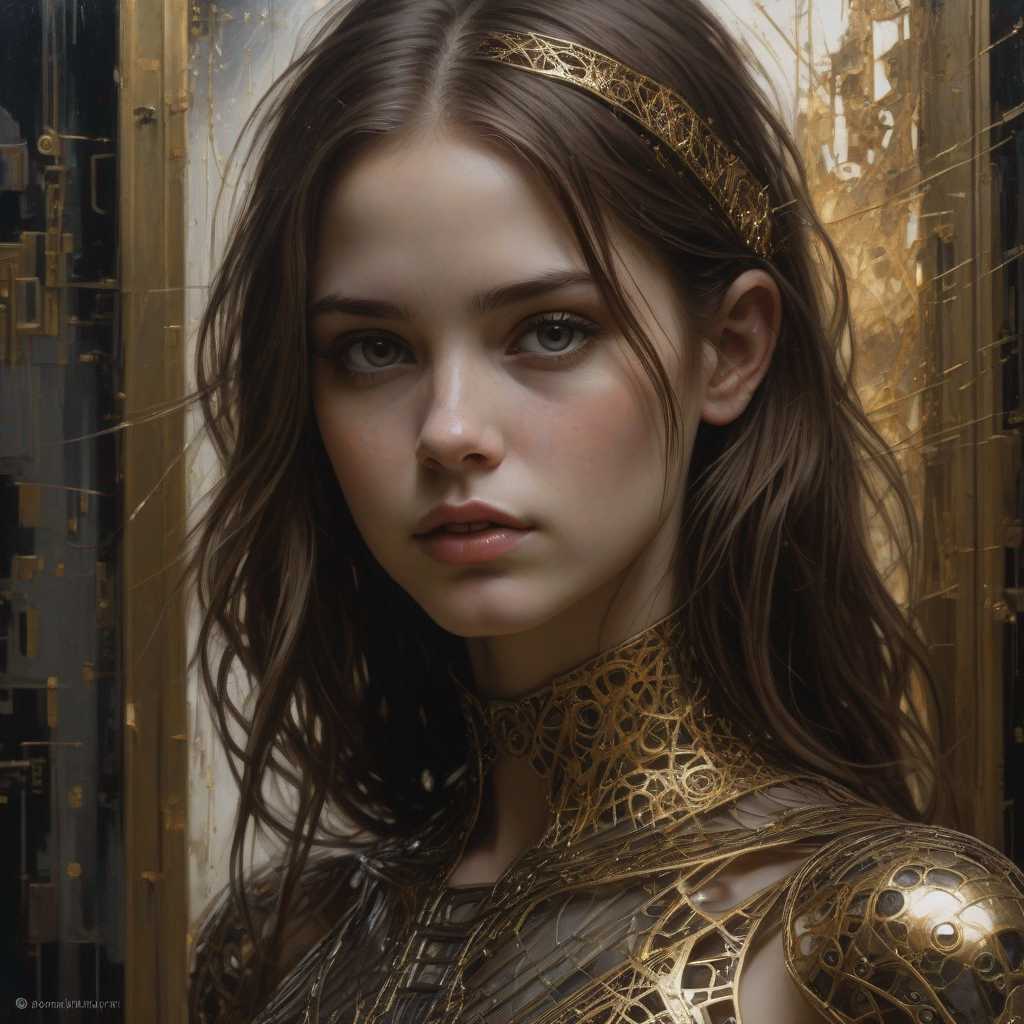 In Casey Baugh's evocative style, art of a beautiful young girl cyborg with long brown hair, futuristic, scifi, intricate, elegant, highly detailed, majestic, Baugh's brushwork infuses the painting with a unique combination of realism and abstraction, greg rutkowski, surreal gold filigree, broken glass, (masterpiece, sidelighting, finely detailed beautiful eyes: 1.2), hdr, realistic painting, natural skin, textured skin, closed mouth, crystal eyes, butterfly filigree, chest armor, eye makeup, robot joints, long hair moved by the wind, window facing to another world, Baugh's distinctive style captures the essence of the girl's enigmatic nature, inviting viewers to explore the depths of her soul, award winning art <lora:aesthetic_anime_v1s:1>