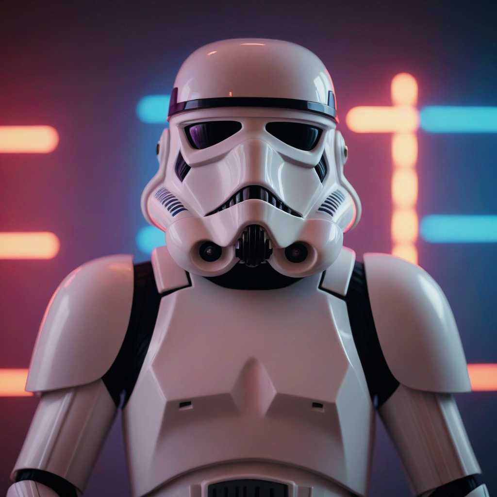 cinematic film still, Storm Trooper, colored lights, amazing quality, wallpaper, analog film grain 