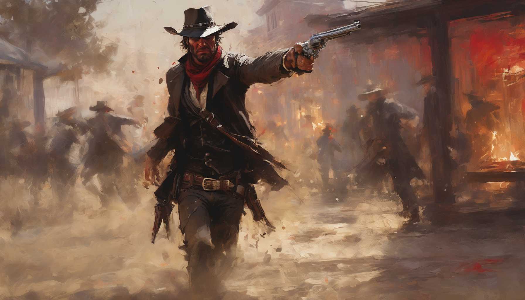 Western Art Cowboy with Gun in Dusty Town
