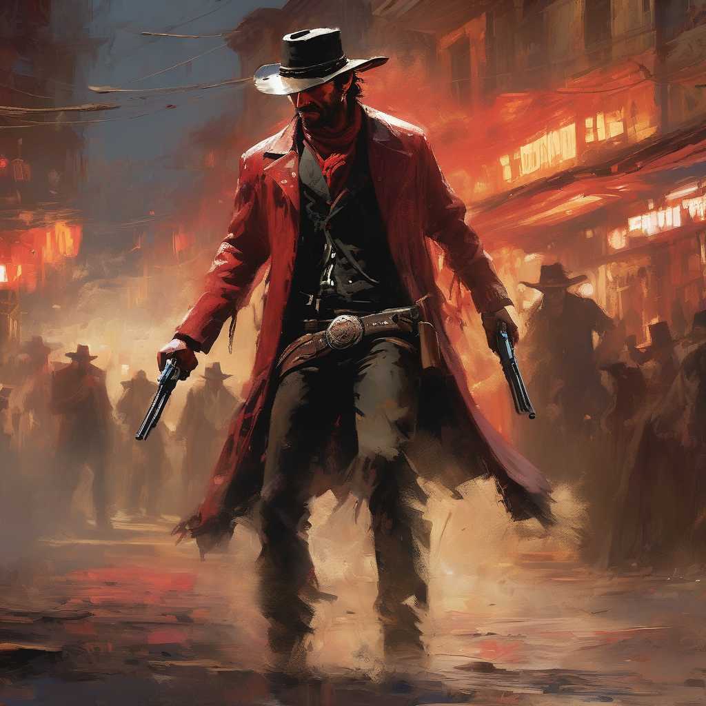 Intricate dynamic action shot of cowboy in a shootout, cinematic Steve Henderson Fabian Perez Henry Asencio Jeremy Mann Marc Simonetti Fantasy, red dead redemption 2 atmosphere, cinematic, #photograph