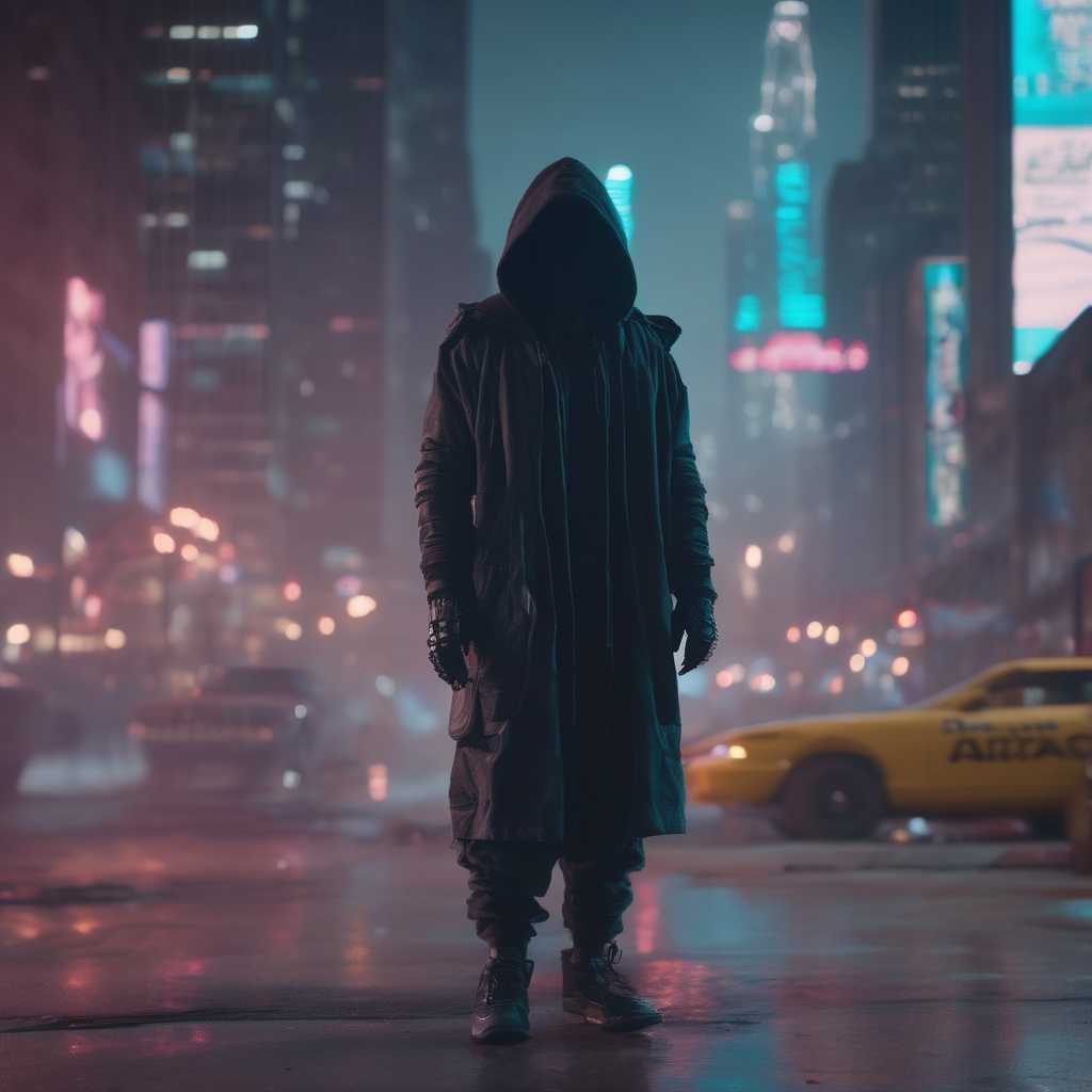 "cinematic still, medium shot on ARRI Alexa 35, a lone hooded figure using chaos magic, low-key color grading, hyper-realistic pop, cyberpunk, Chicago 2087