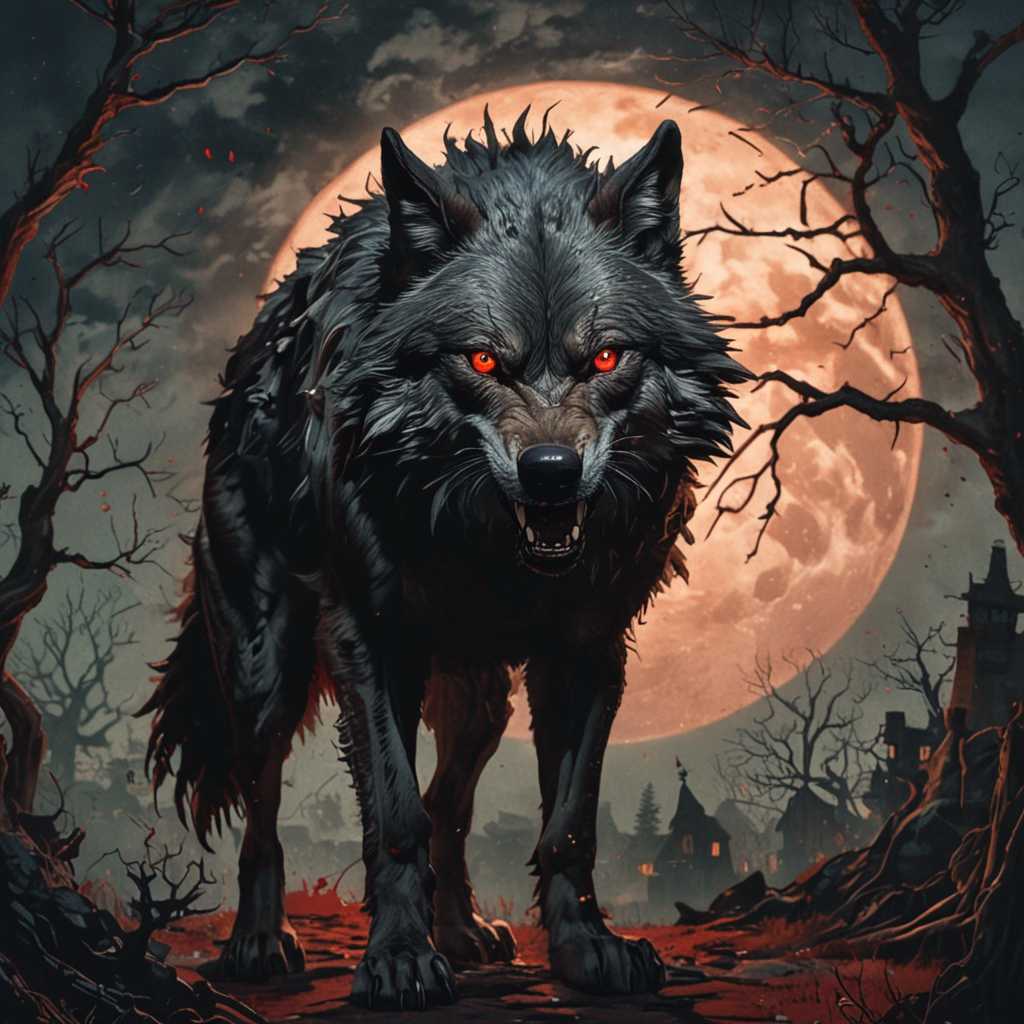 A striking and hauntingly beautiful illustration of a nightmare wolf, rendered in the style of Norman Rockwell with realistic shading and a  slight backlighting effect. The wolf is depicted as a large, menacing creature with glowing red eyes, sharp teeth, and a tattered, blood-stained cape. The background is a dark and eerie night, with a full moon casting a silvery glow on the scene. The overall mood is one of fear and mystery, with a touch of surrealism.