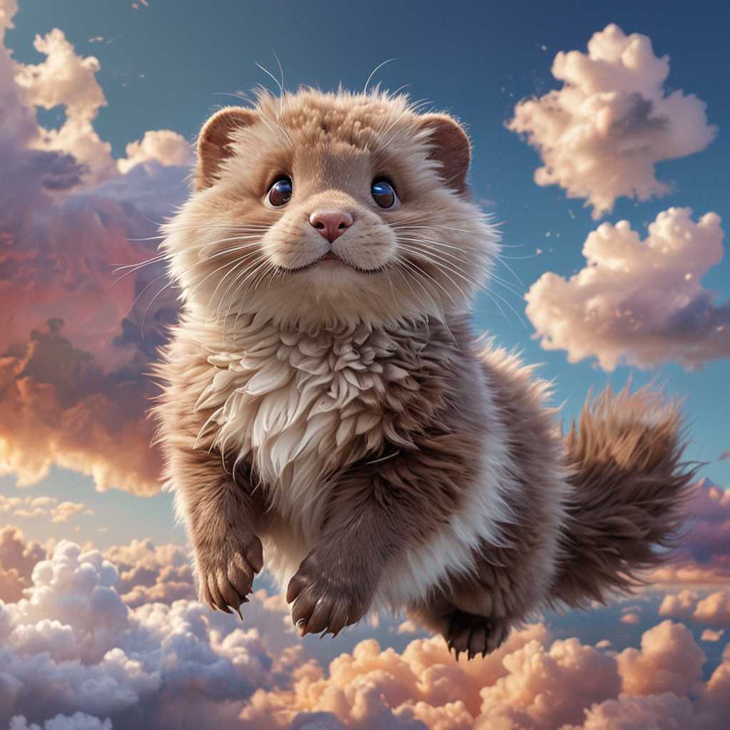A delightful illustration of a whimsical, super fluffy mink floating gracefully in the sky. The mink has adorable, large, expressive eyes and  a soft, plush body. Its fur is a vibrant mix of colors, creating a playful and eye-catching effect. The background showcases a fairytale-like sky with fluffy clouds, setting the scene for a magical and enchanting adventure.