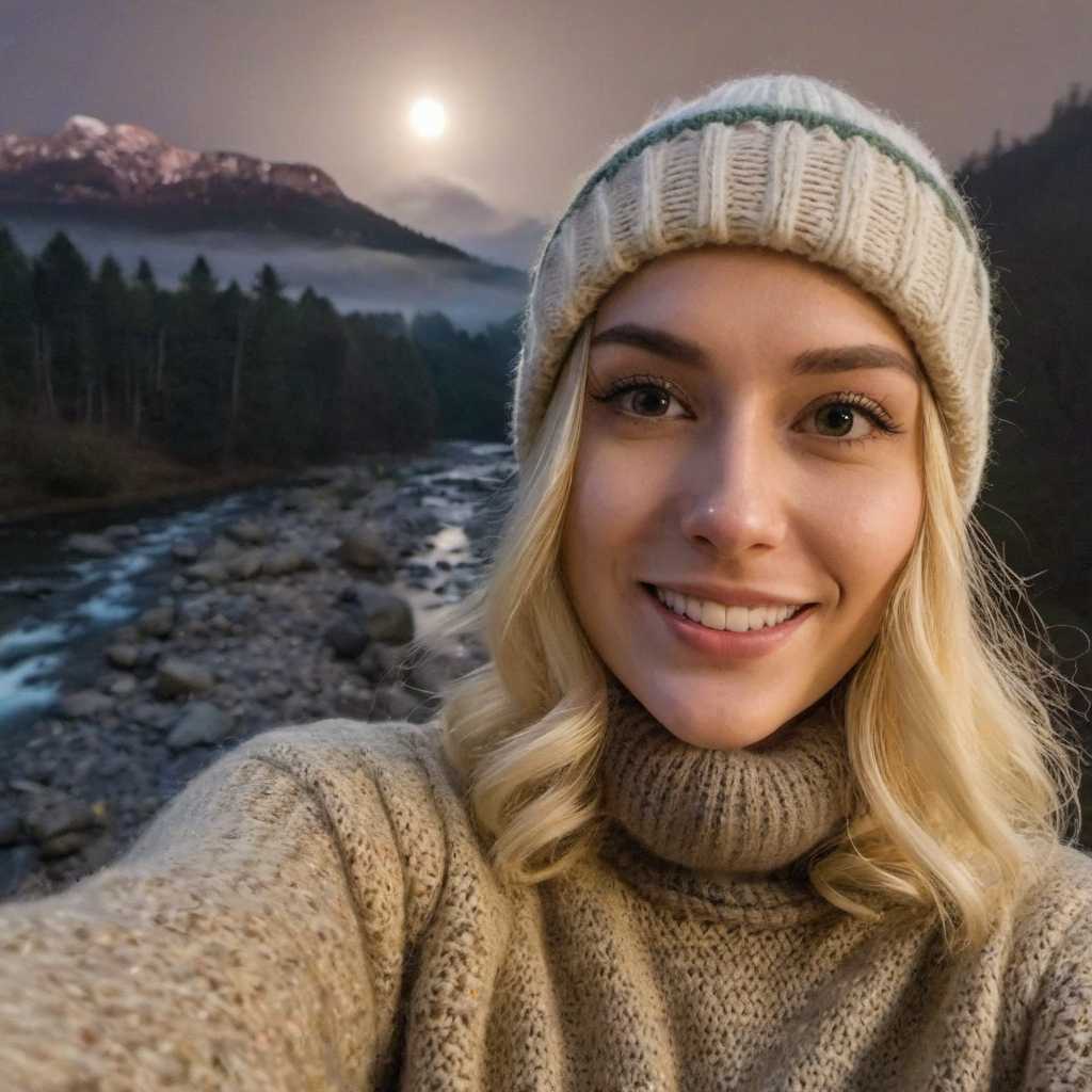 photograph, photo of woman with blonde hair, selfie, upper body, solo, wearing pullover, outdoors, (night), mountains, real life nature, stars, moon, cheerful, happy, gloves, sweater, beanie, forest, rocks, river, wood, smoke, fog, looking at viewer, skin texture, close up, RAW photo