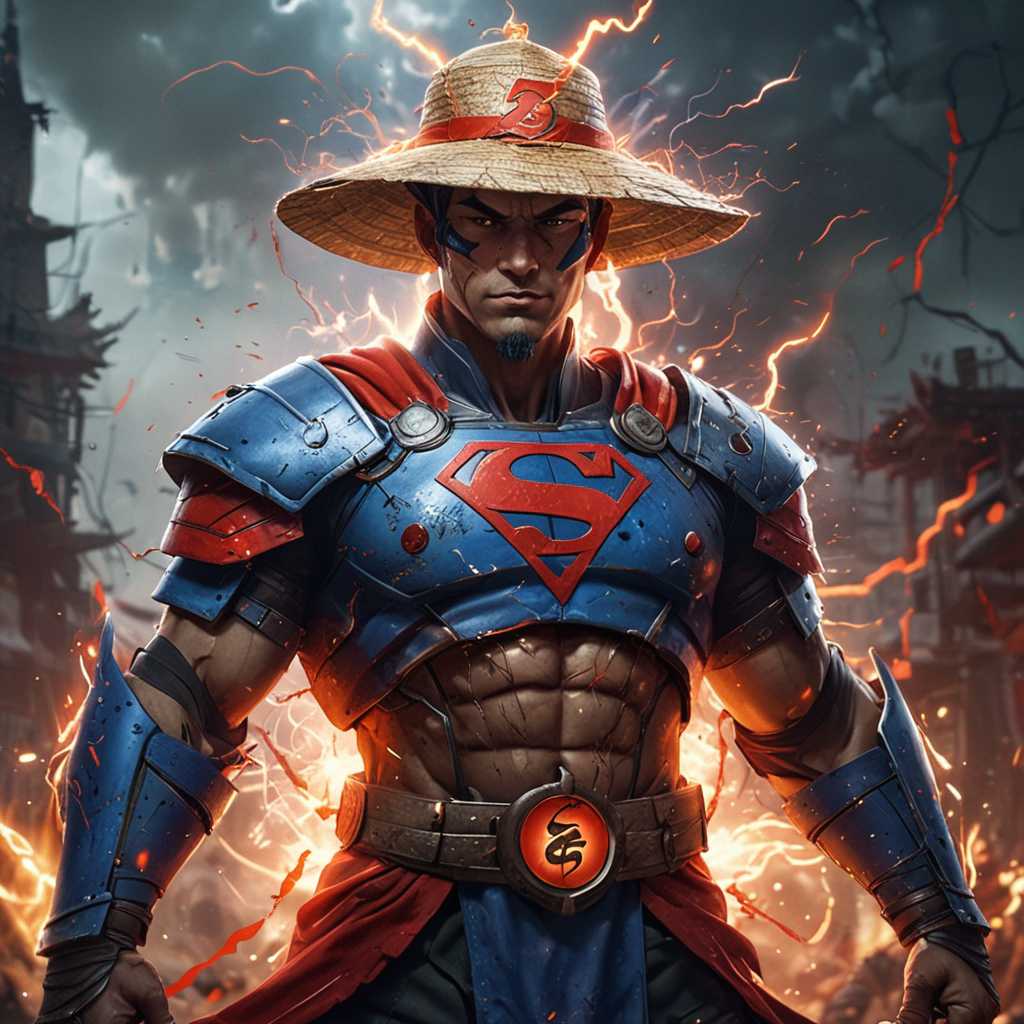 A character wearing a straw hat, reminiscent of a traditional Asian style, with a red 'S' emblem on the chest, resembling the Super  man logo. The character is adorned in armor with blue and red accents, and is wielding electricity in both hands. Hans Darias AI. The background is chaotic with lightning and embers, suggesting a battle or conflict. The character's intense gaze and the overall atmosphere of the image convey a sense of determination and power.