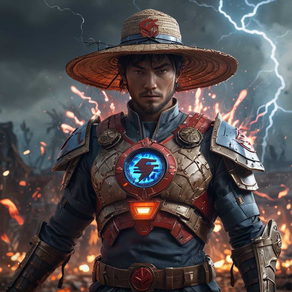 A character wearing a straw hat, reminiscent of a traditional Asian style, with a red 'S' emblem on the chest, resembling the Super  man logo. The character is adorned in armor with blue and red accents, and is wielding electricity in both hands. Hans Darias AI. The background is chaotic with lightning and embers, suggesting a battle or conflict. The character's intense gaze and the overall atmosphere of the image convey a sense of determination and power.