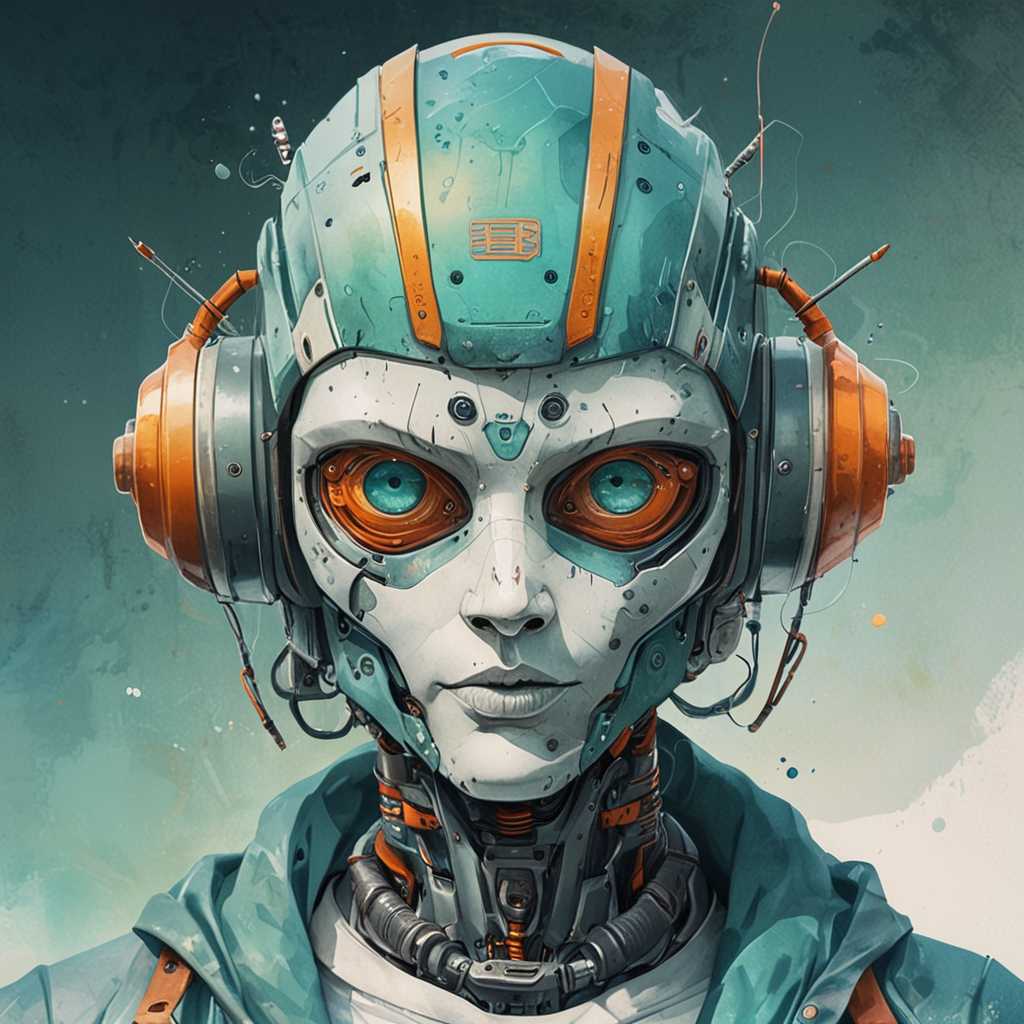 A captivating watercolor illustration featuring a futuristic robot character with a distinctly urban and streetwear-inspired aesthetic. The robot has a humanoid form, with a large, boxy head adorned with antennas and various mechanical details that give it a high-tech look. The robot's attire is predominantly in shades of teal and orange, featuring a stylish outfit that includes an oversized jacket, shorts, and large sneakers, all adorned with intricate designs, graphic elements, kanji characters, and various logos. The outfit's bold colors and patterns reflect a blend of futuristic and traditional influences. The robot's relaxed, casual stance exudes a cool, confident demeanor. The background is a subtle off-white with faint text and design elements reminiscent of a futuristic cityscape or digital interface, providing context without detracting, illustration, painting, conceptual art, ukiyo-e
