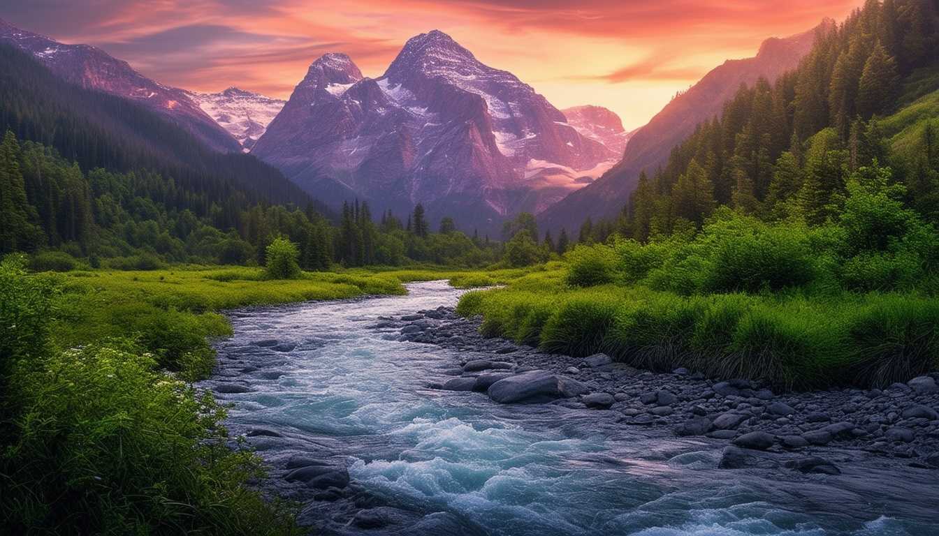 breathtaking photograph of a stunning mountain vista at sunset, featuring a wide river cutting through lush greenery. This photograph embodies the requested specifications, including high-quality, realism, and detailed composition. It is a masterpiece-worthy image, trending on ArtStation, with photorealistic details, HDR effects, and stunning gradient colors. The photograph is in high resolution, 8K, and showcases a detailed foreground and background, with no watermark signature.