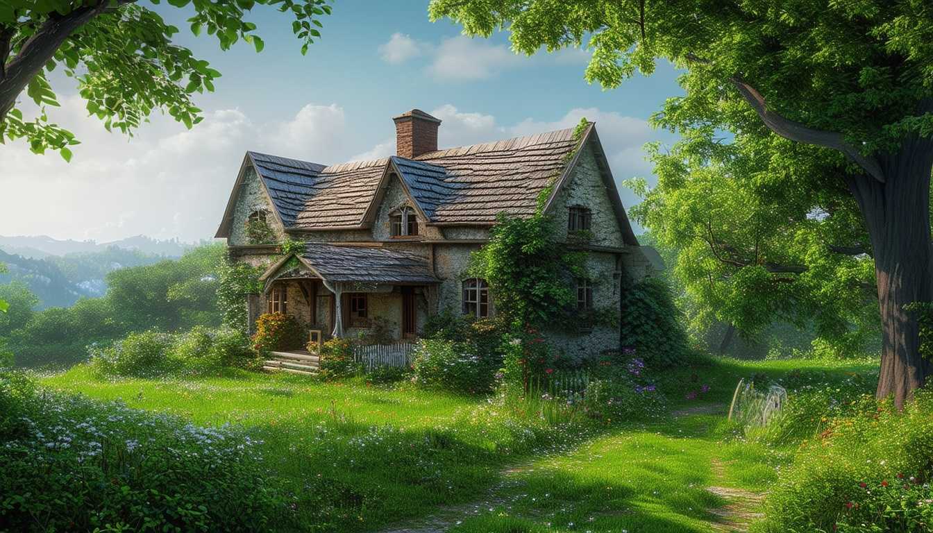 ((best quality)), ((masterpiece)), ((realistic)), (detailed) photograph of an old, newly restored rustic cottage nestled in a lush green landscape. High resolution, 8K, photorealistic, HDR, trending on Artstation, stunning gradient colors, no watermark signature, detailed foreground and background
