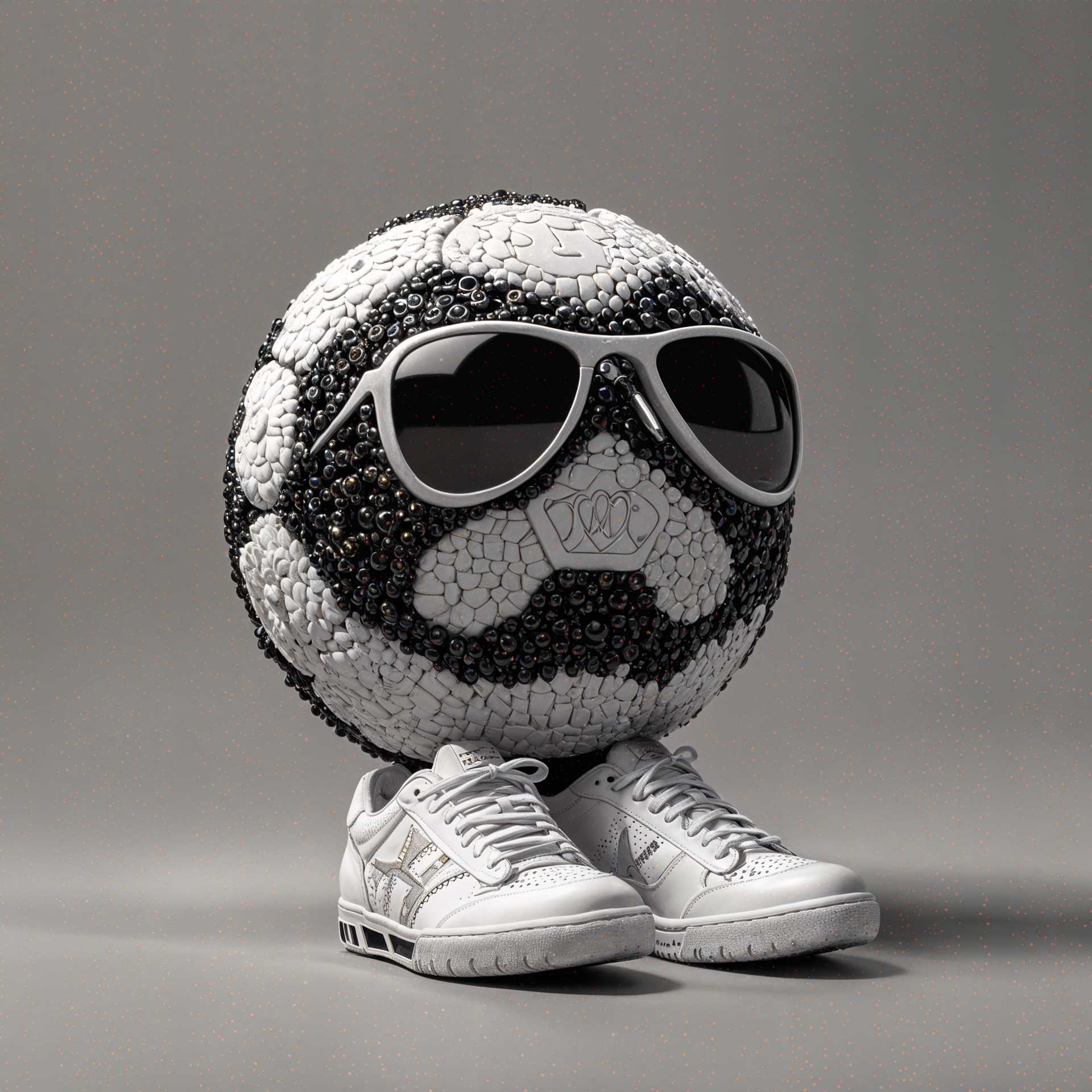 A soccer ball with sunglasses and shoes on it.