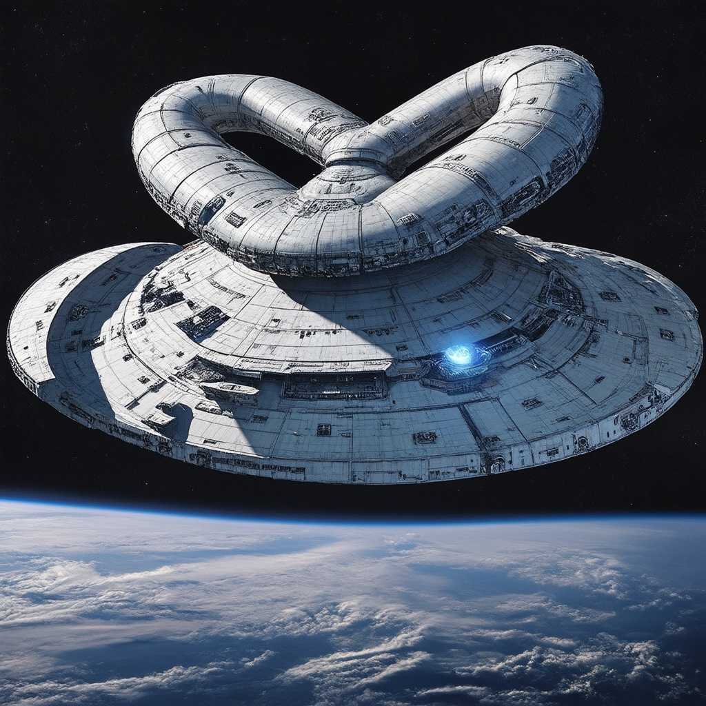 An Extraterrestrial spacecraft with a looplike structure hovering above Earth